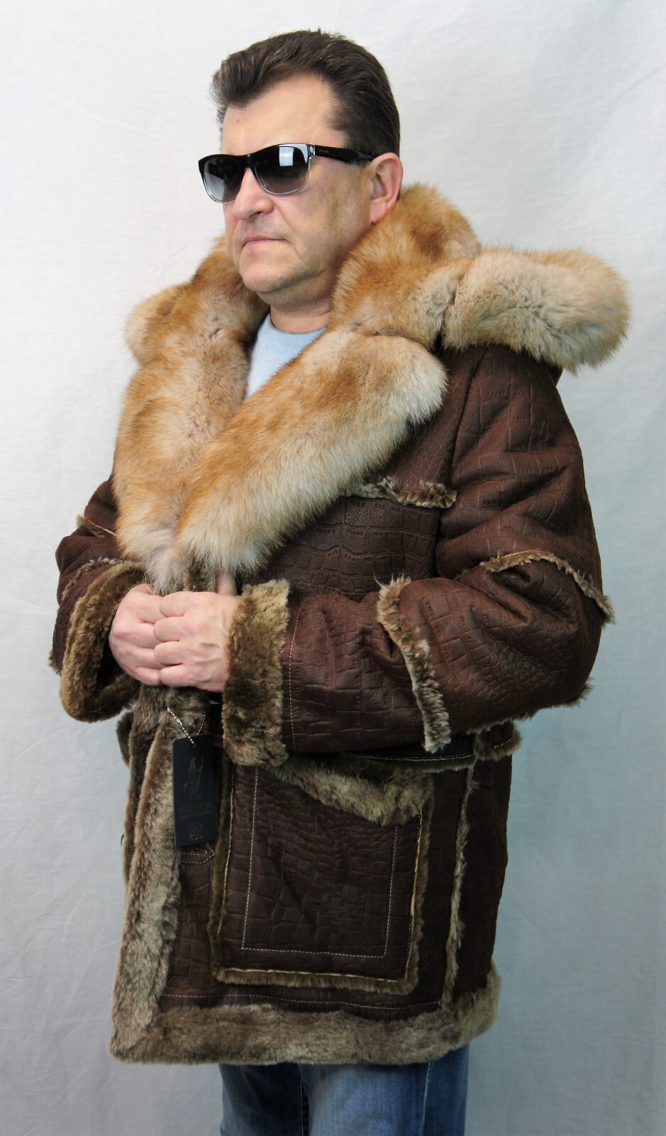 WHISKEY REAL SHEEPSKIN SHEARLING LEATHER REAL FOX MARLBORO TRENCH Coat S-8XL