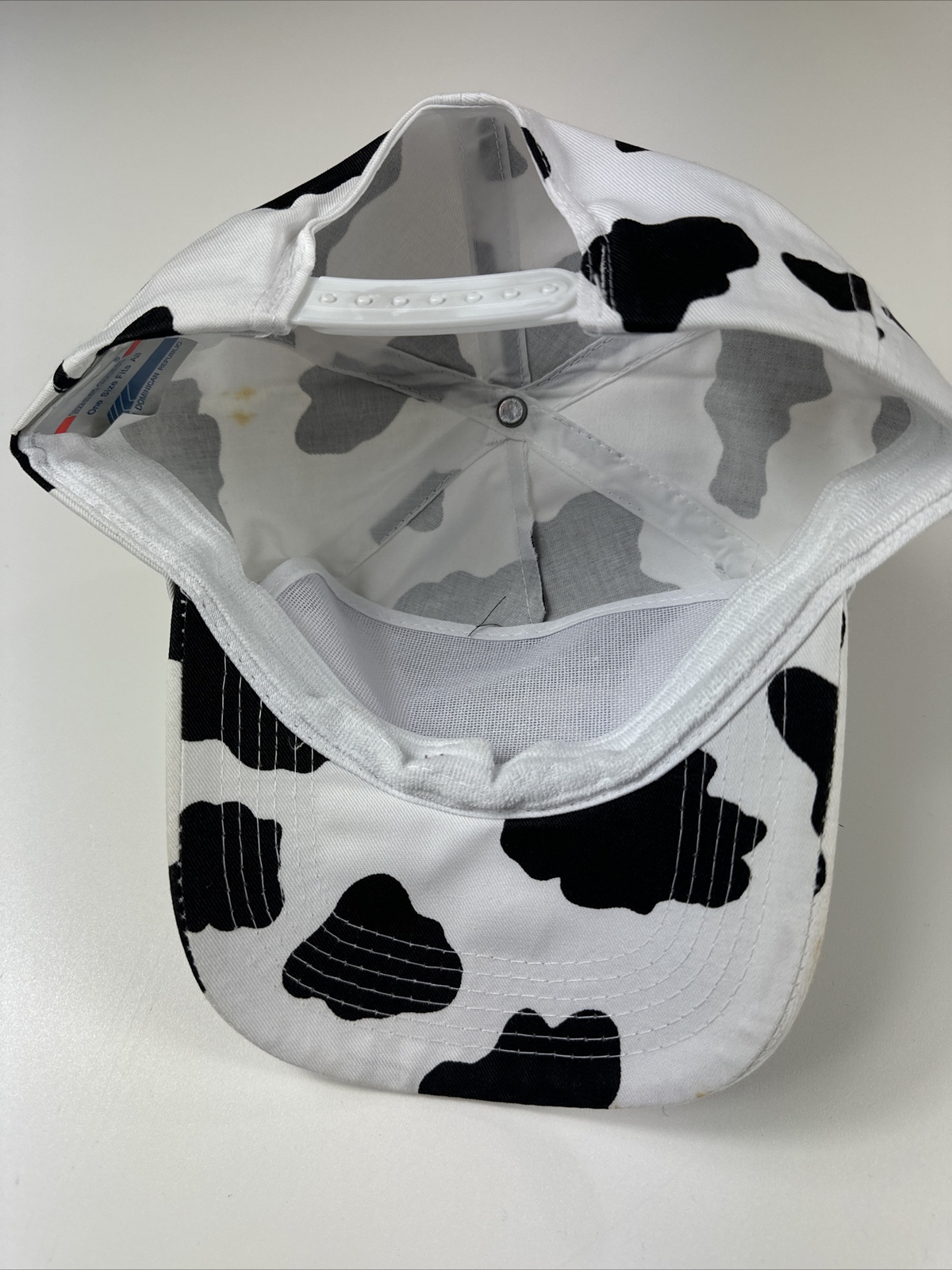 Vtg Golden Guernsey Dairy Cow Pattern Snapback Hat Black White Spotted Cap Y2K