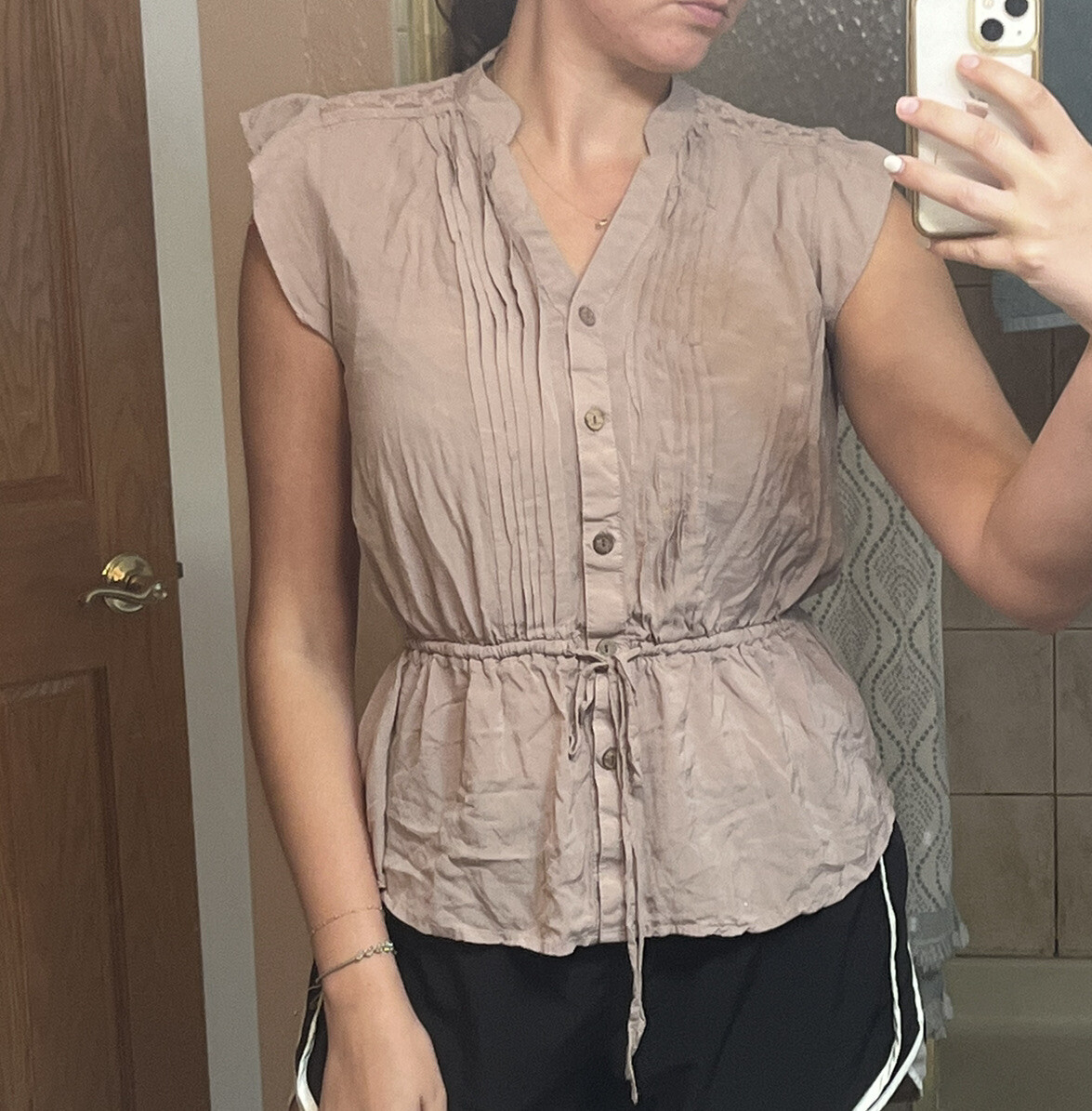 Mine Shirt Womens Small Blouse Brown Ruffled Sleeveless Button Up Elastic Waist