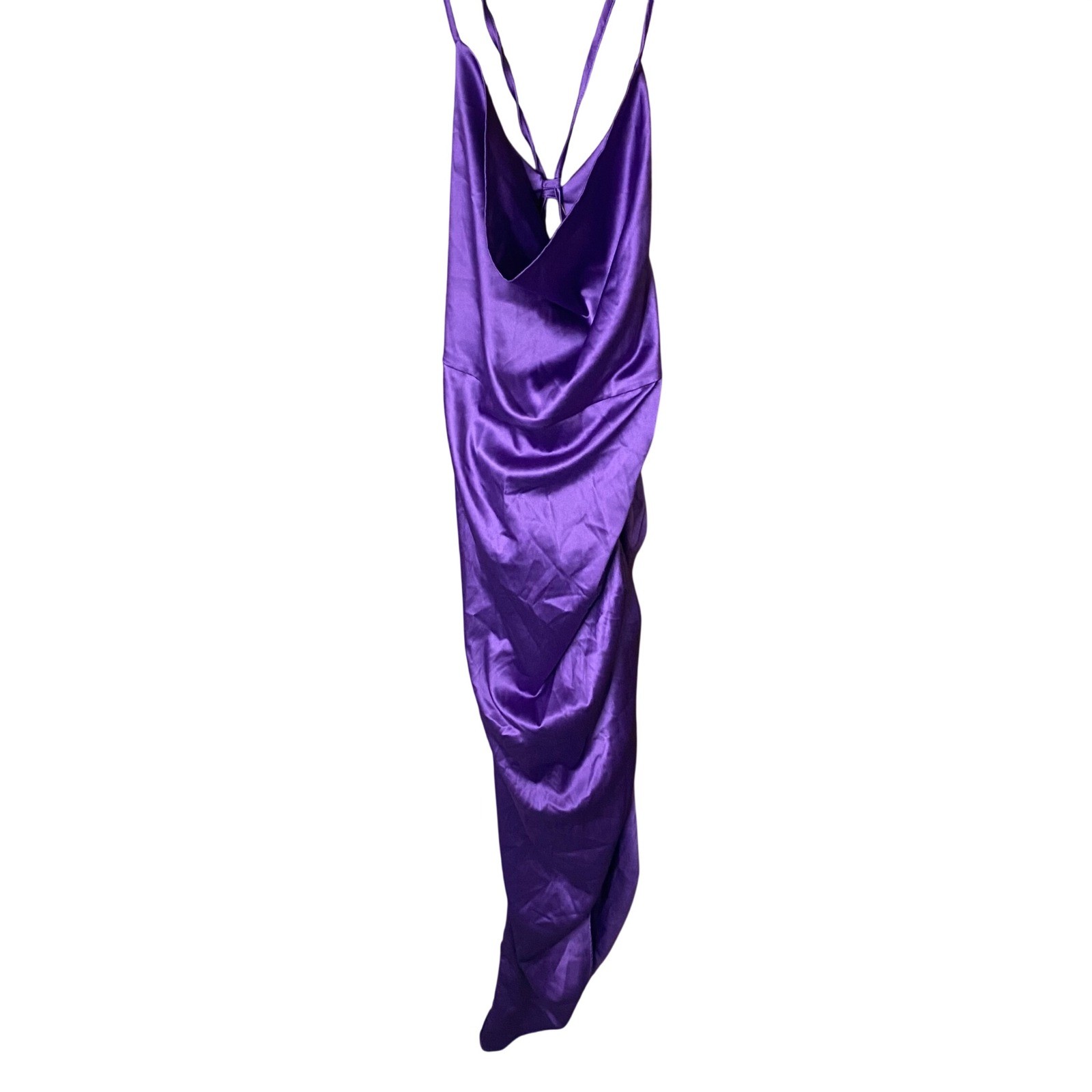 Asymmetrical Satin Ruched Midi Dress Womens XL Purple Lace Up Back Cowl Neck