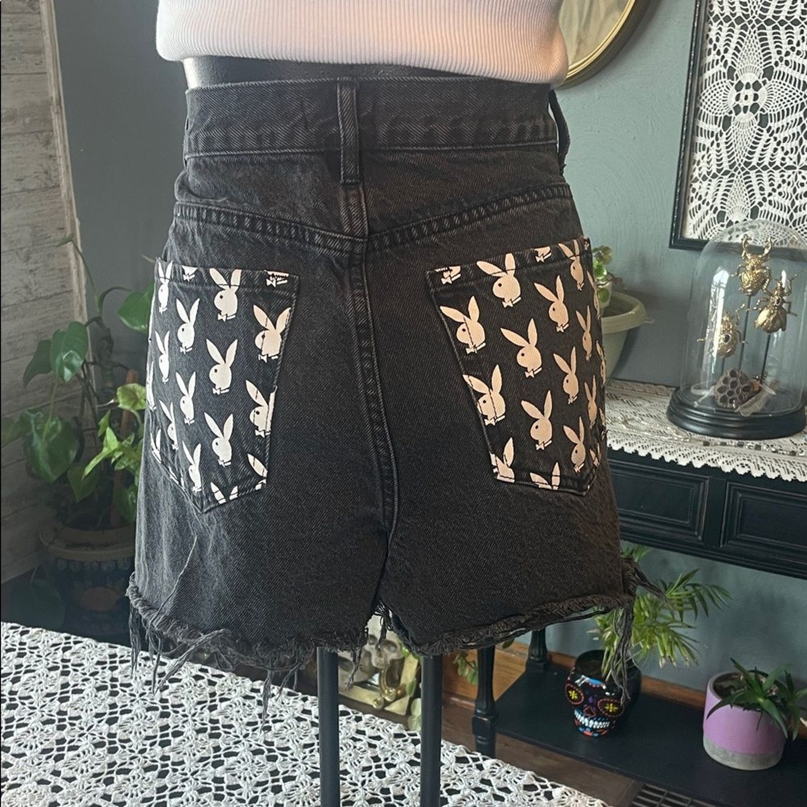 PLAYBOY Black Jean Shorts with White Bunny Print