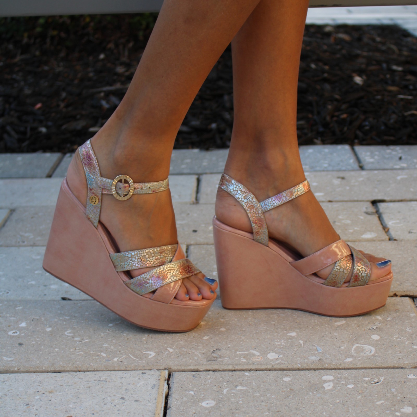 Sandals Woman Pink Leather Platform with 3 straps