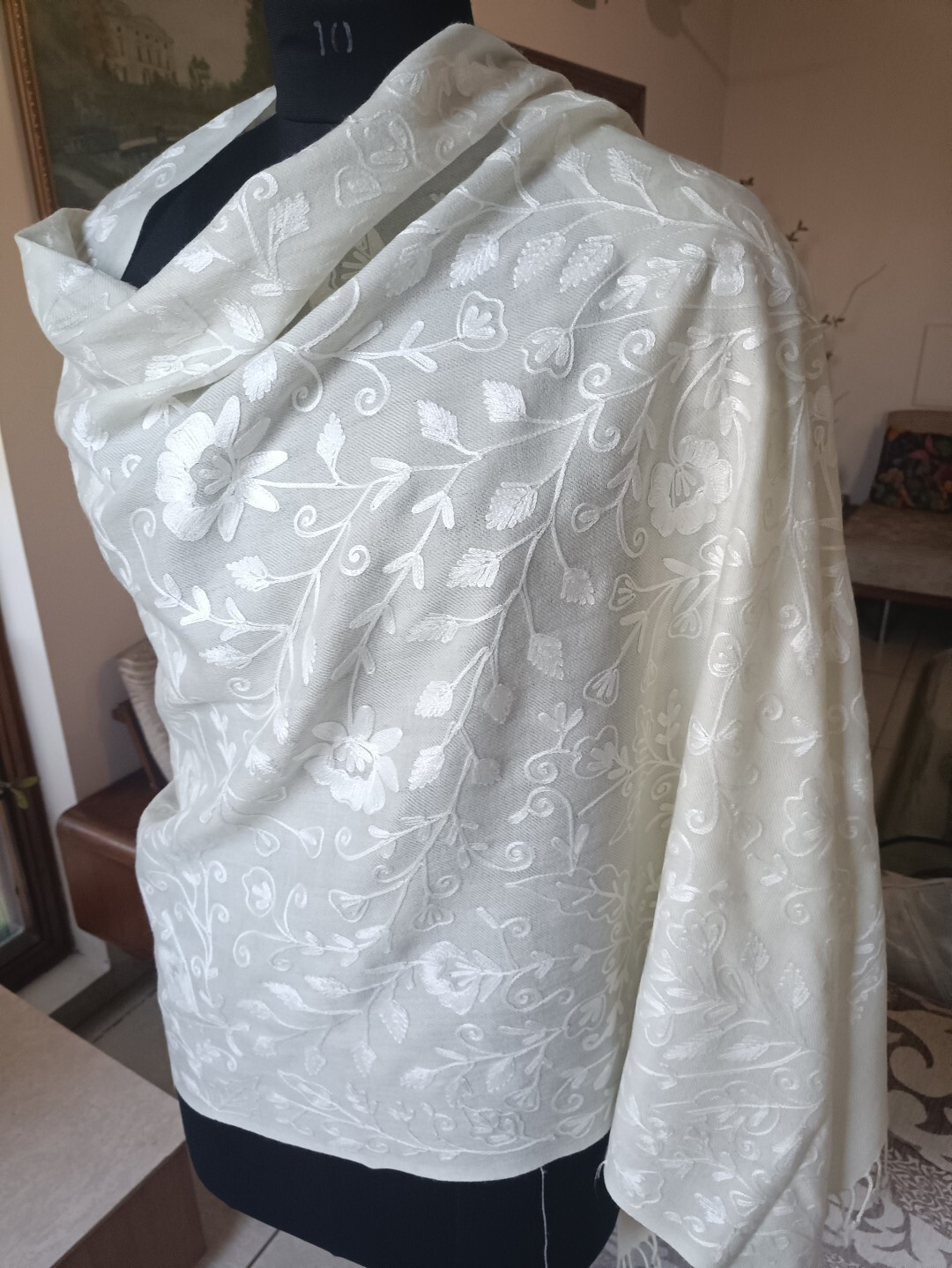 OFF-WHITE WEDDING LARGE SHAWL KASHMIR PASHMINA CREWEL EMBROIDERY 100% CASHMERE