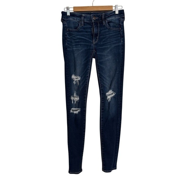 American Eagle Super High Rise Jeggings Dark Wash Ripped Distressed Jeans