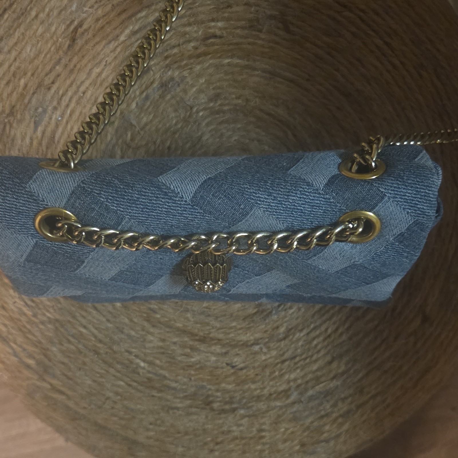 Kurt Geiger Blue Geometric Shoulder Bag Chain Strap Logo Gold Tone Hardware