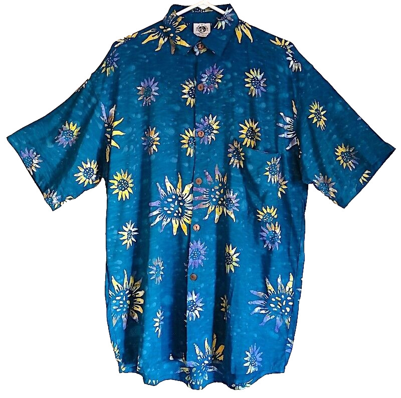 Shirt, Unisex, Batiked Sunflowers, Men’s Large, Coconut Buttons, Collar