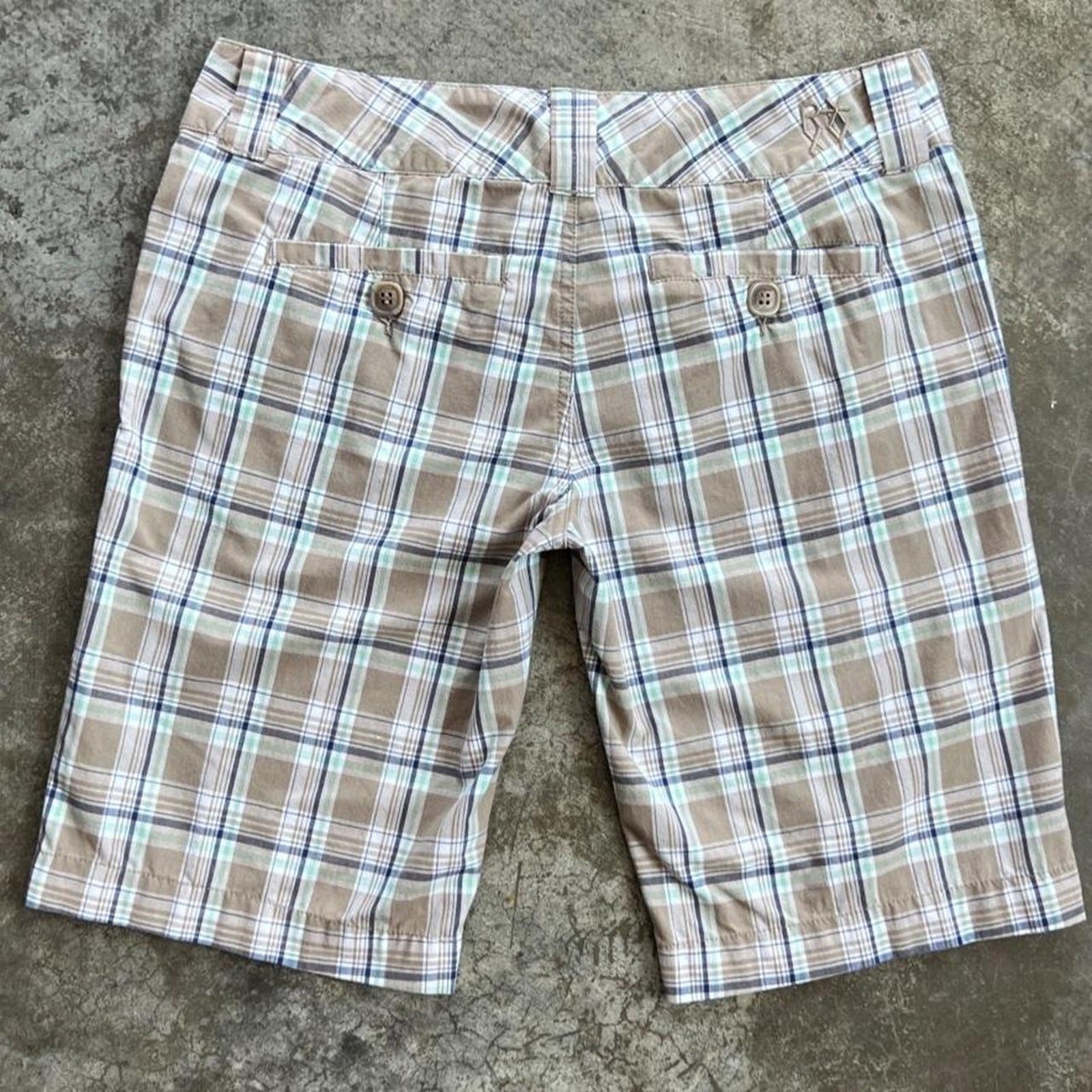 Roxy Y2K Plaid Bermuda Shorts Women Size 11 Brown Mint Green Long Skater Surf