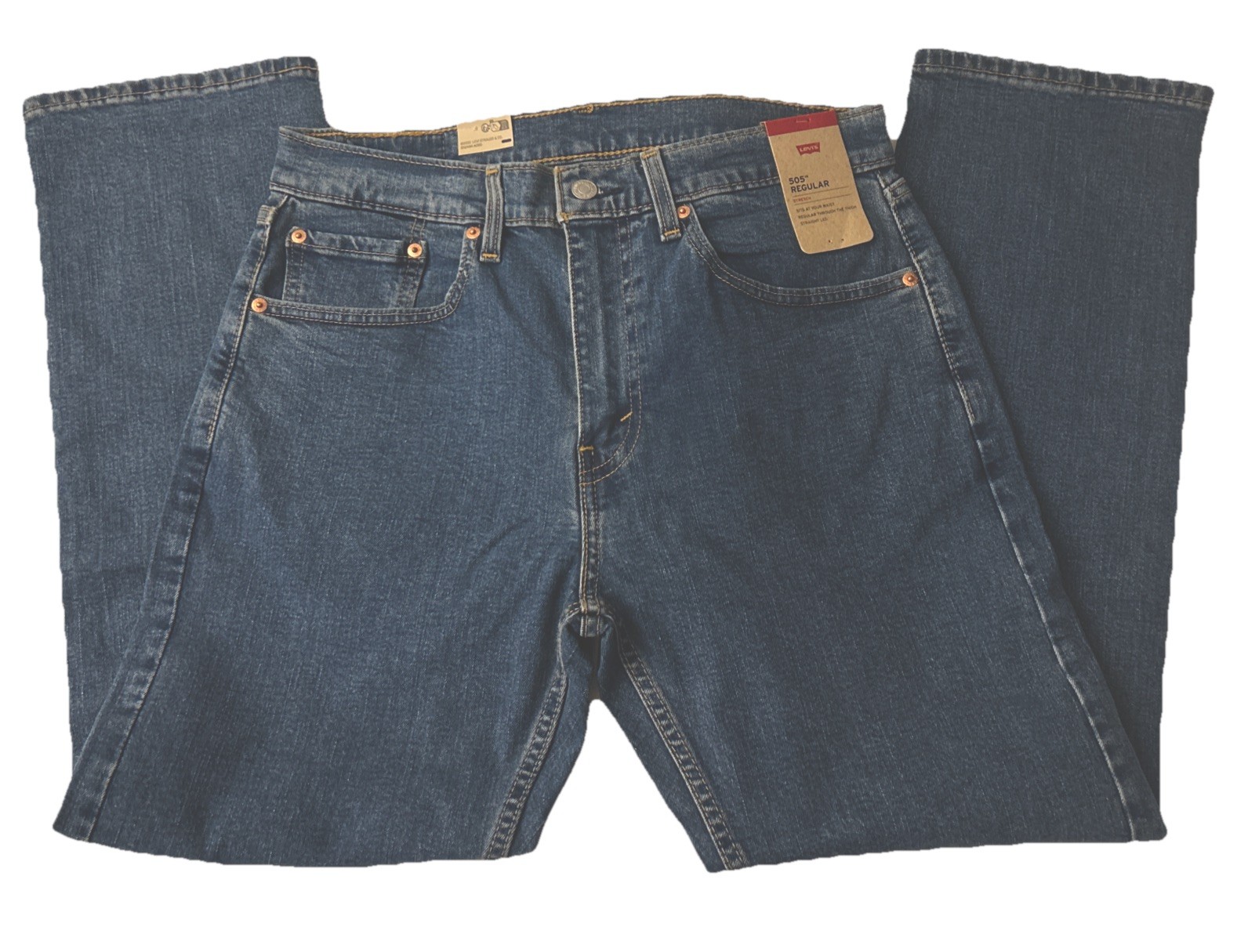 Levis 505 Mens Stretch Jeans Straight Leg Reg Fit Med Wash Sz31,32,33,34,36,38