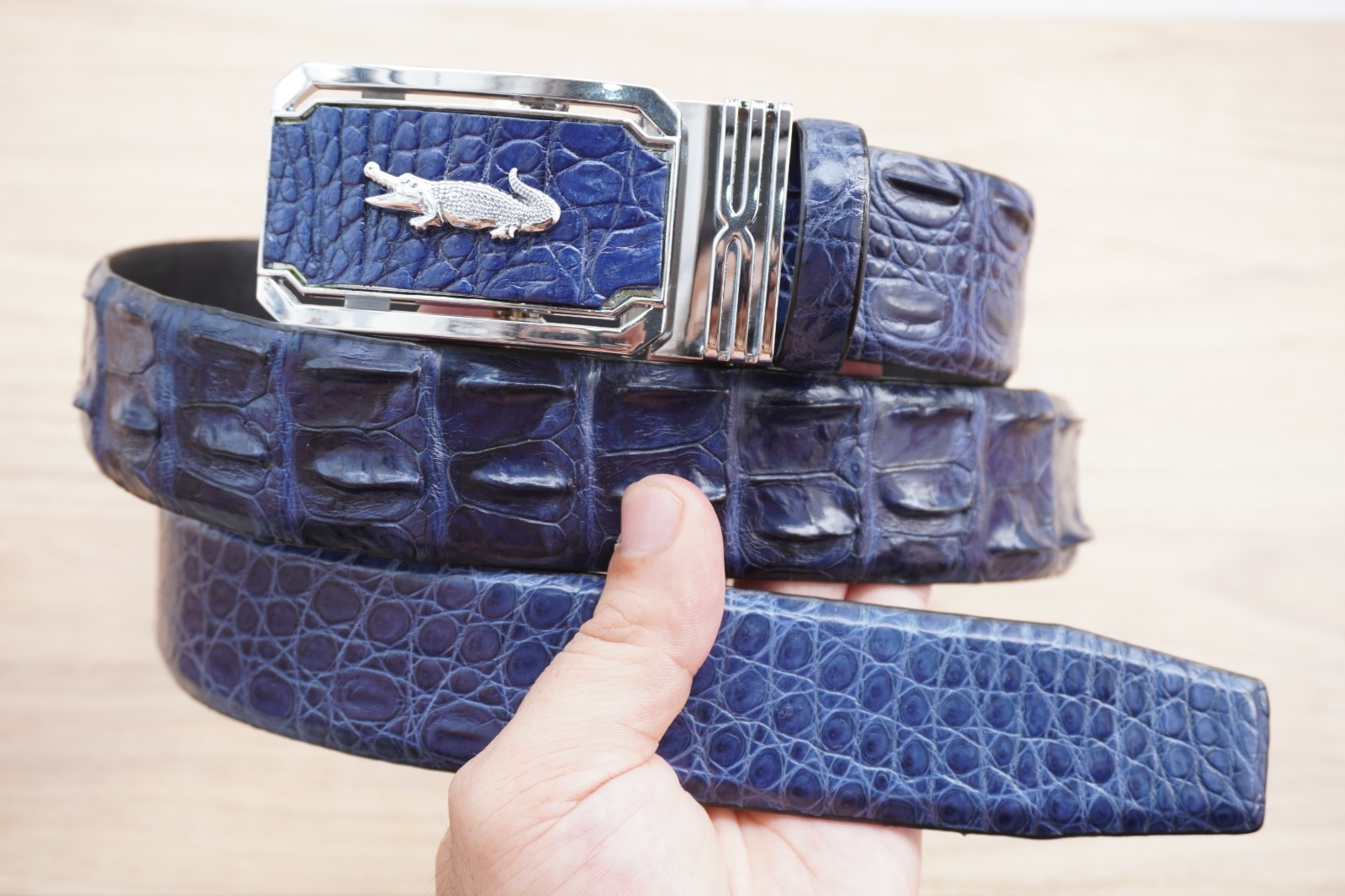 W 1.5 inch Navy Blue Genuine Croc Leather Men’s Belt #T37