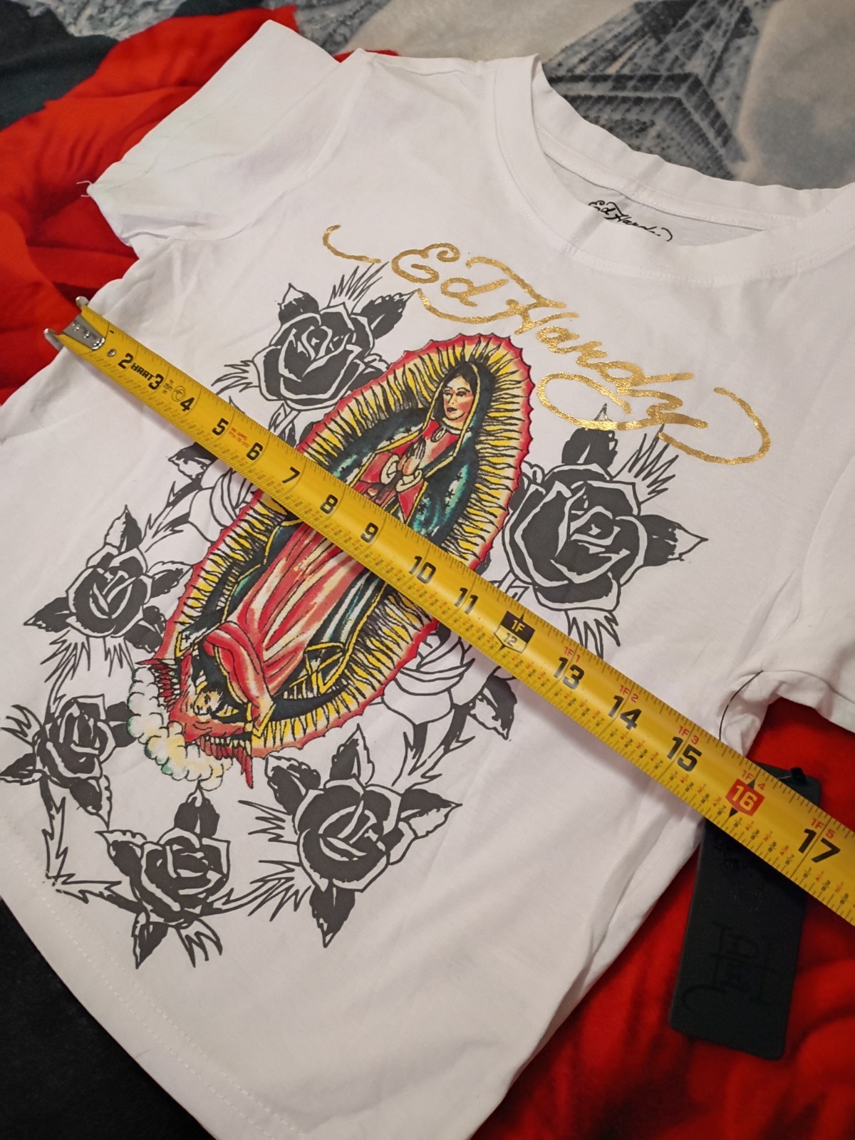 Ed Hardy White Tee with Virgin Mary Graphic