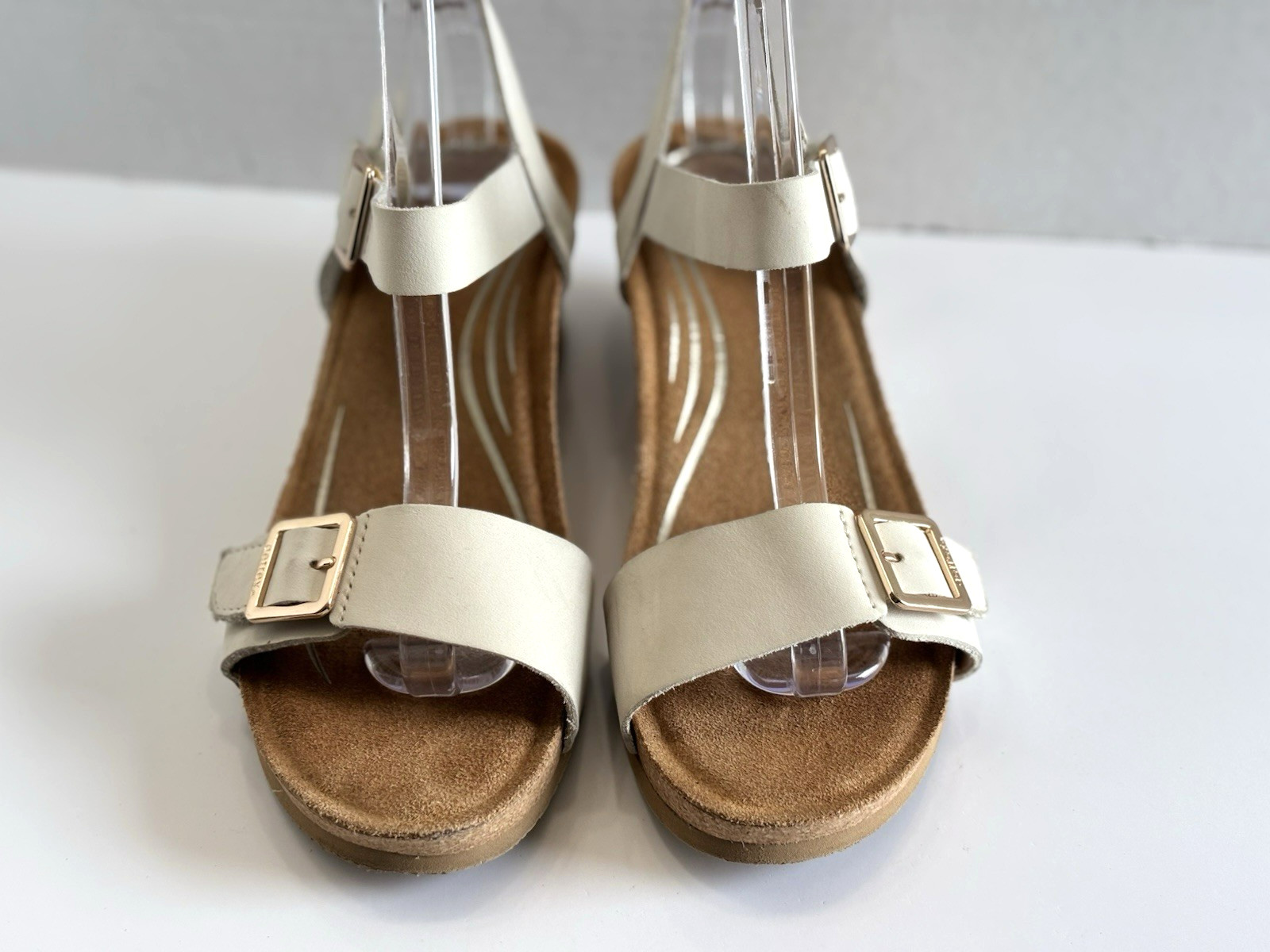 Aetrex Lexa Quarter Strap Wedge Sandals Women’s 7.5 Ivory Leather Open Toe Cork