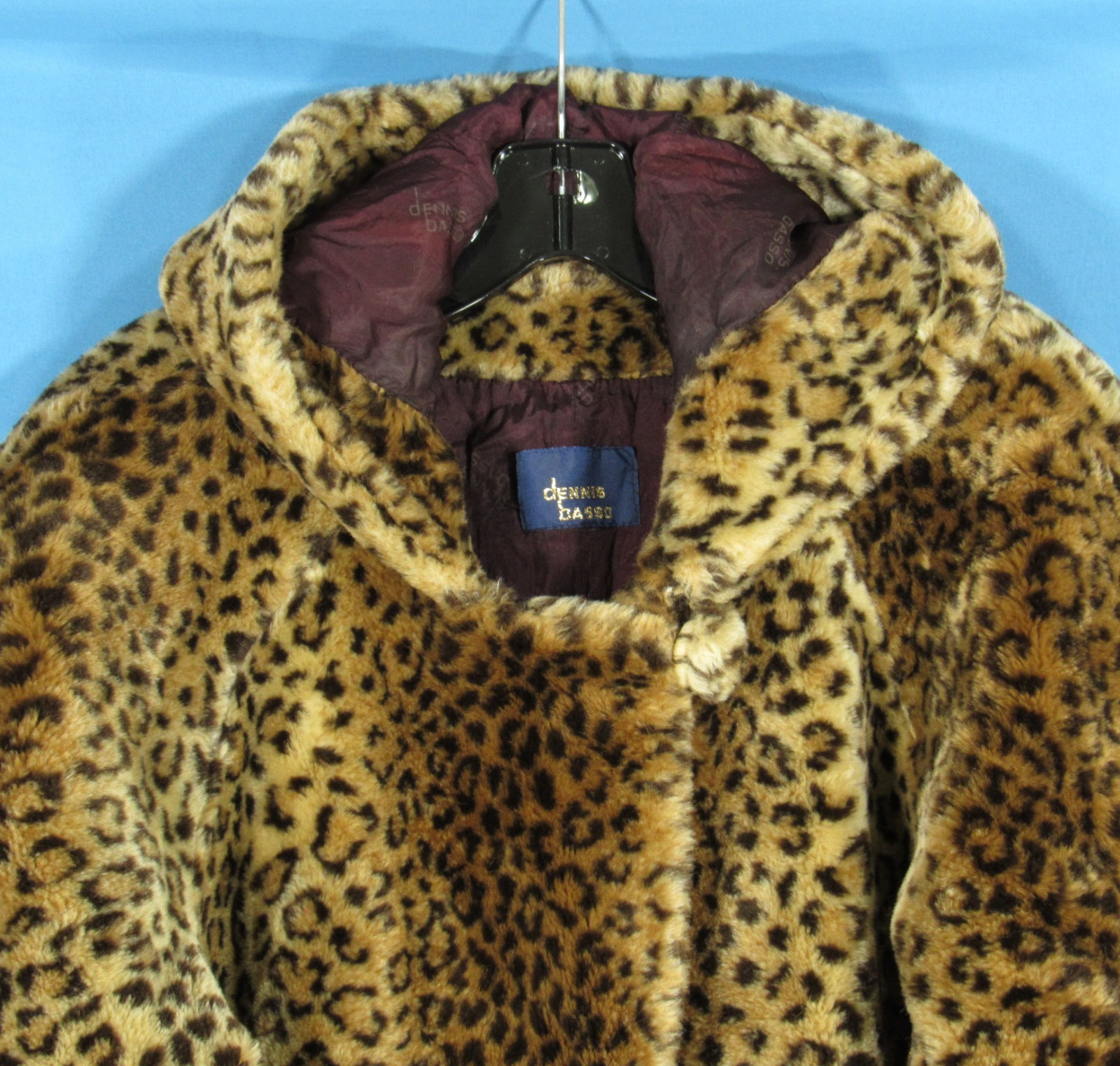 DENNIS BASSO Brown LEOPARD FAUX FUR Zip/Hook & Eye POCKETS Hooded JACKET Sz M