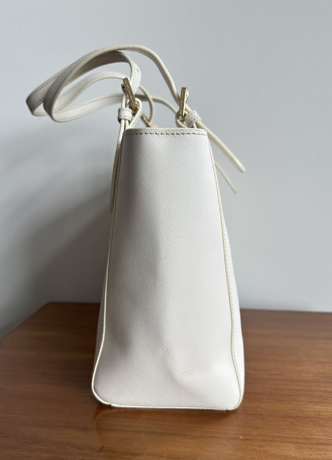 Tory Burch York Buckle Tote – Small, Cream. Saffiano Leather with Gold Hardware