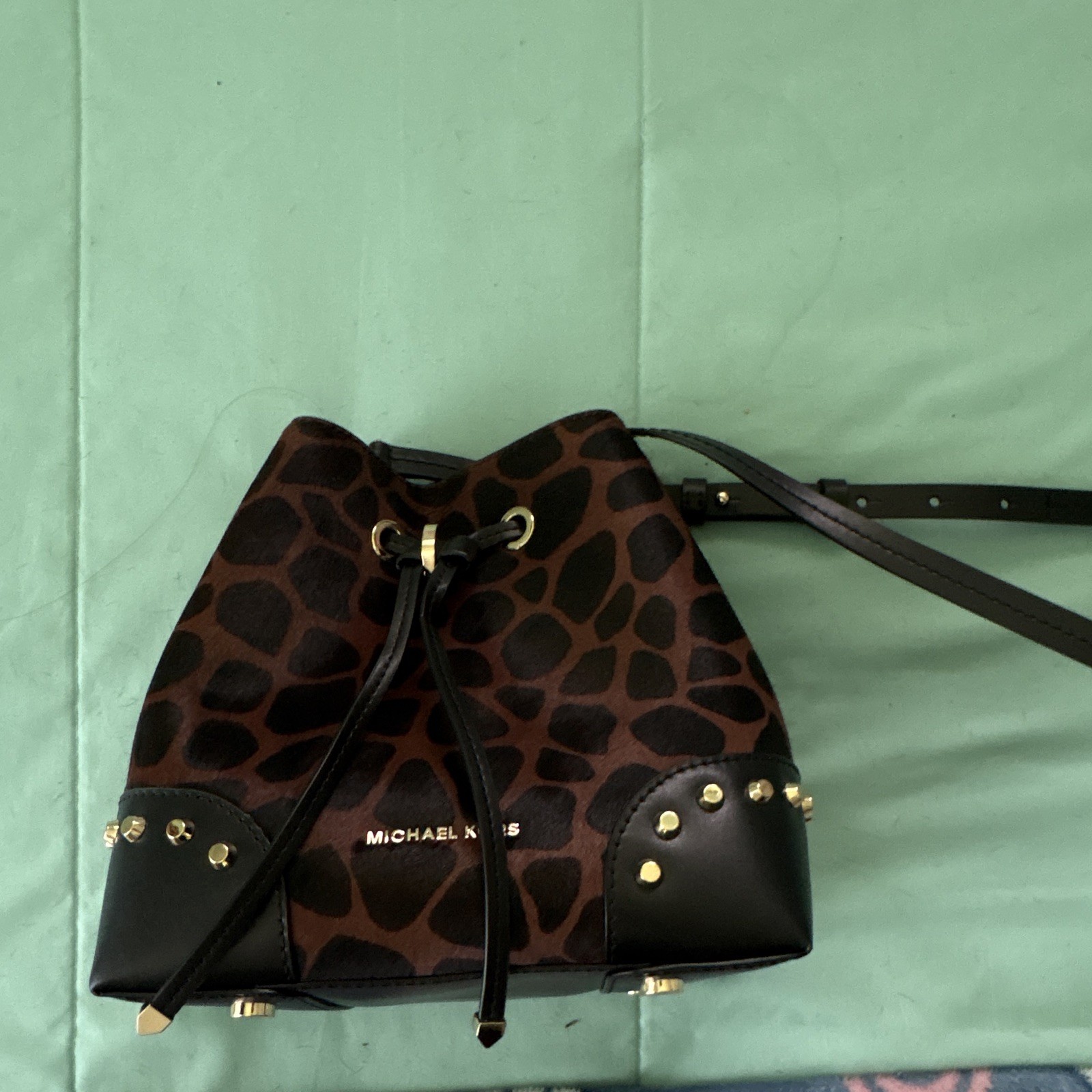 Michael Kors Brown/Black Animal Print Bucket Drawstring Studded Crossbody Bag