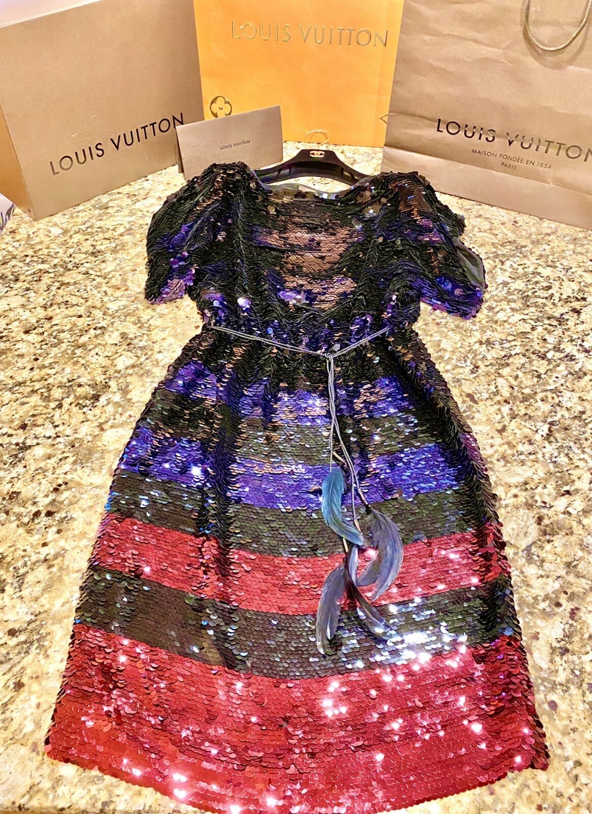 11K Louis Vuitton Red Sequin Stripe Party Dress Feather Belt Set 36 38 4 6 S M