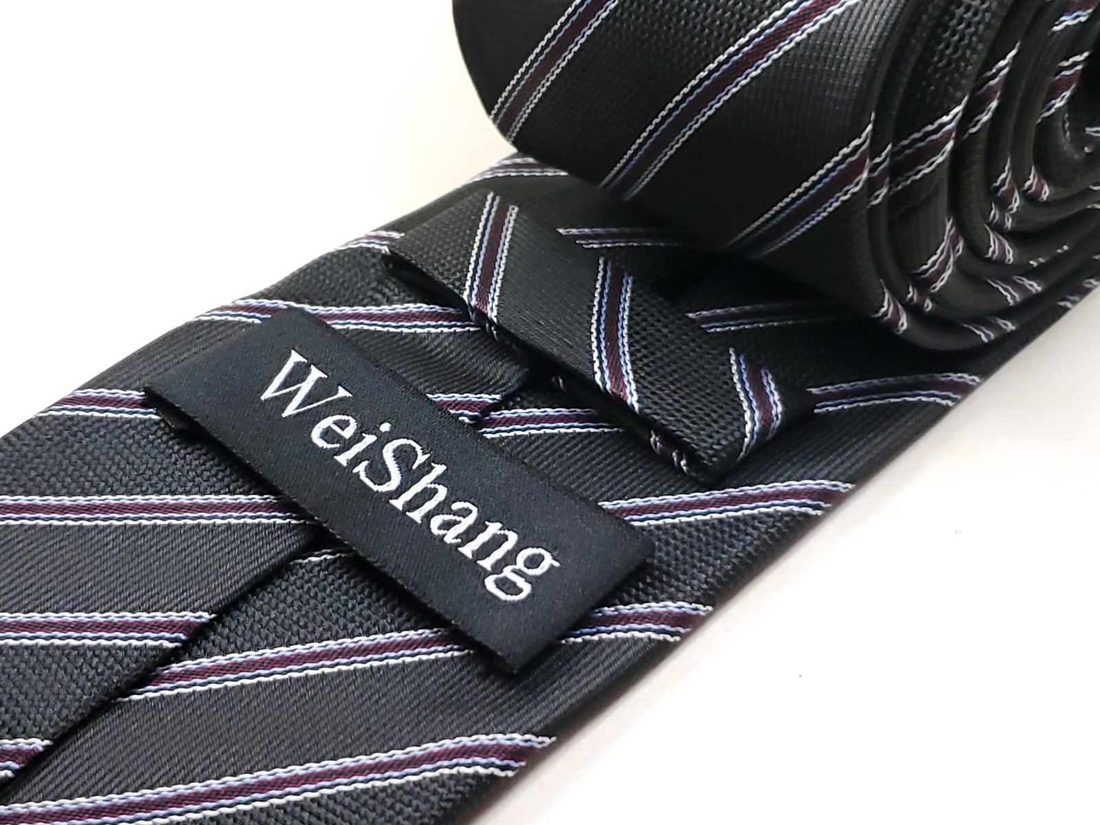 WEISHANG Handmade 100% Silk Tie Men’s Black Burgundy Red White Blue Striped NEW