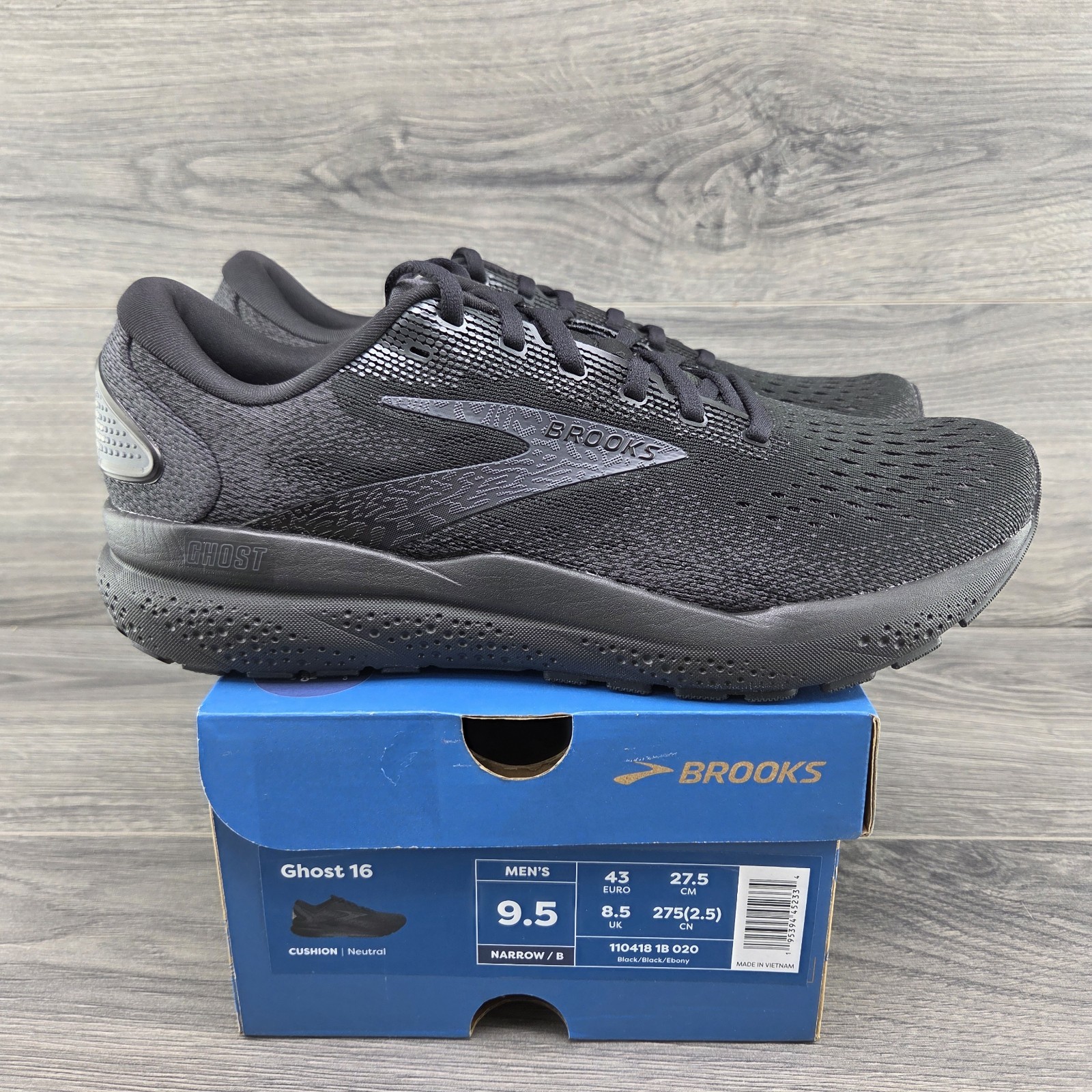 Brooks Ghost 16 Size 9.5 Mens Black Ebony Casual Running Shoes