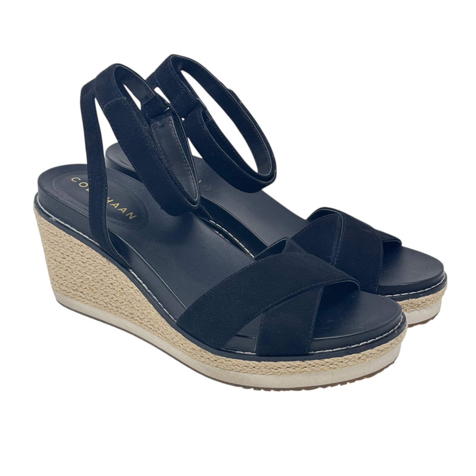 Cole Haan Cloudfeel Black Suede Wedge Espadrille Sandals Sz 8.5