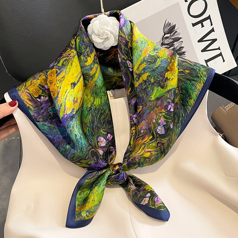 100% Silk 27″ Square Scarf Women Neckerchief Wrap Bandana Floral Oil Painting
