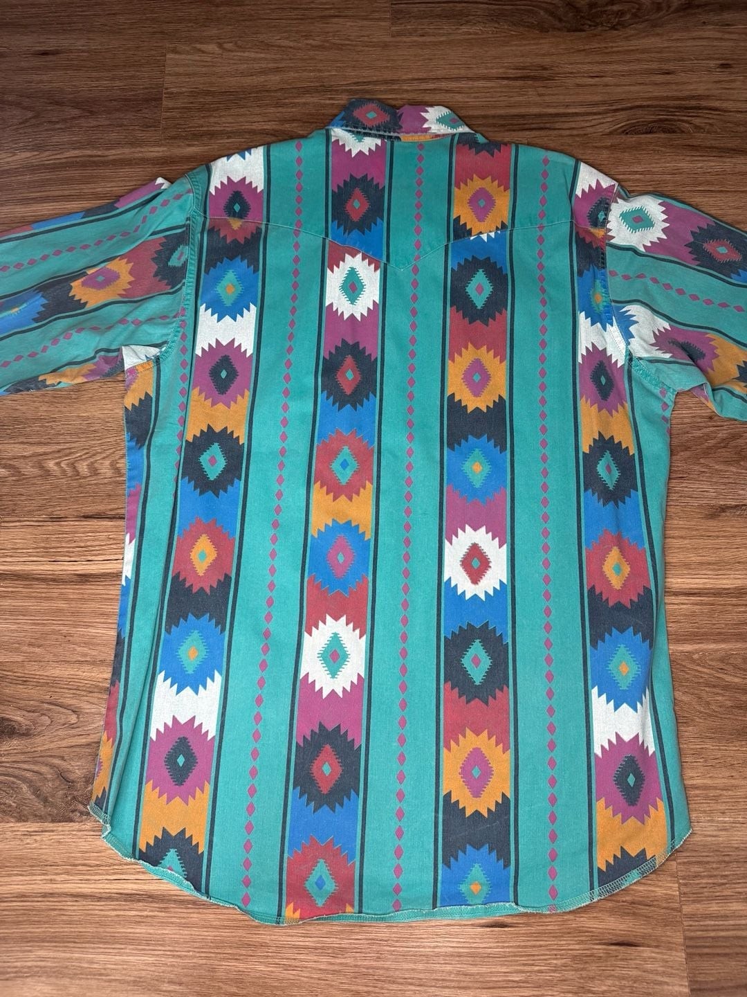 Vintage Wrangler Brushpopper Western Shirt Aztec Geometric Print Teal LongSleeve