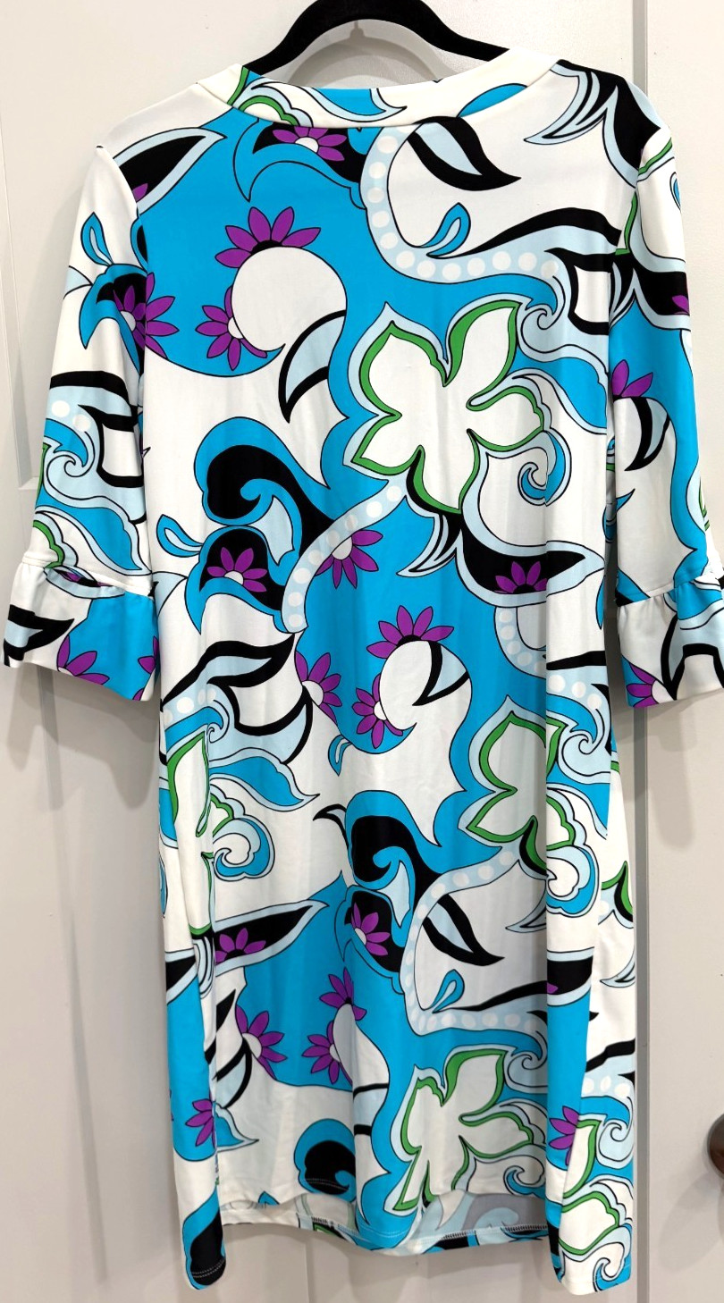 Jude Connally Turquoise and White Jersey Shift Dress Size XL 3/4 Ruffle Sleeve
