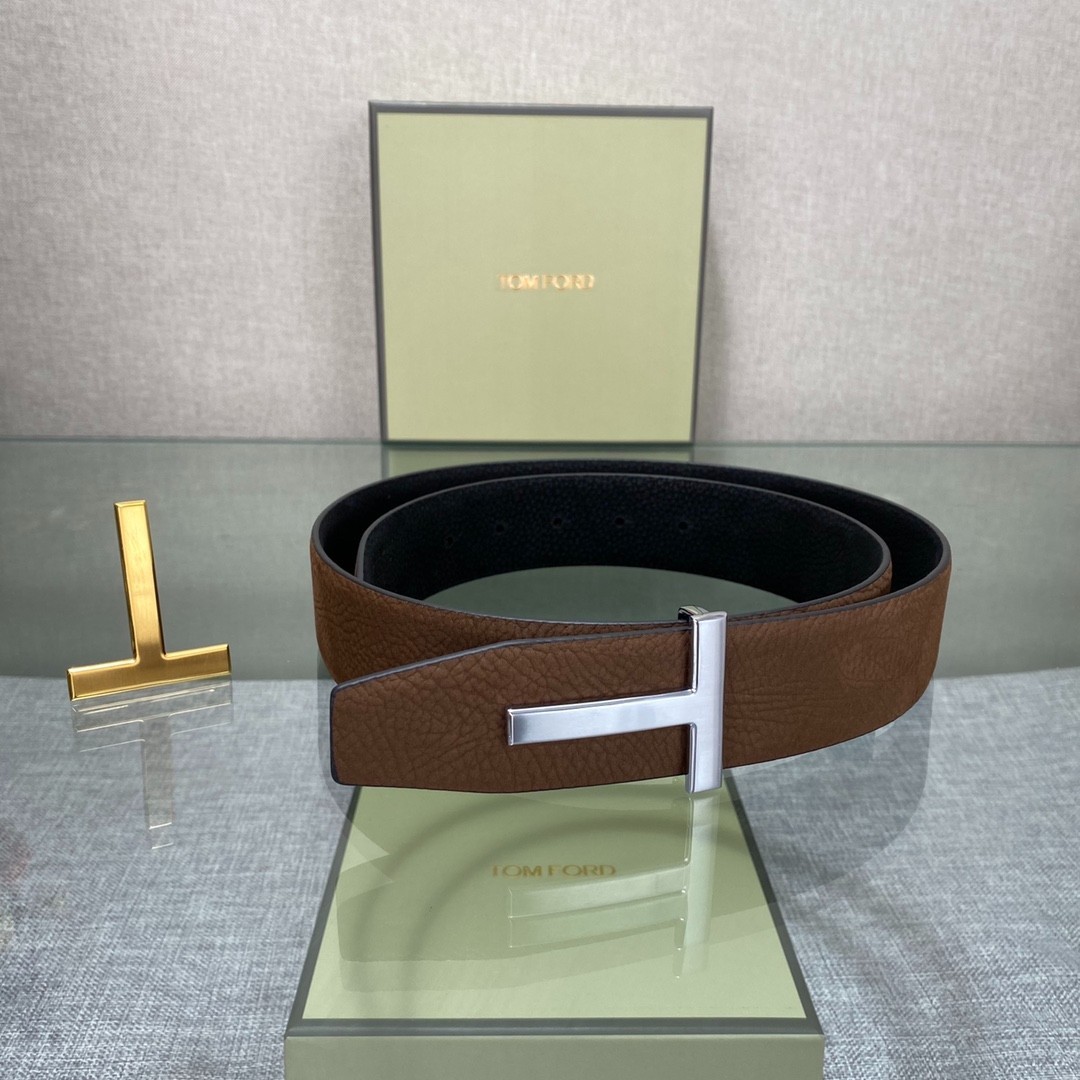 Tom Ford Mens Simple T Logo Brown/Black Leather Dress Belt S.S. Buckle