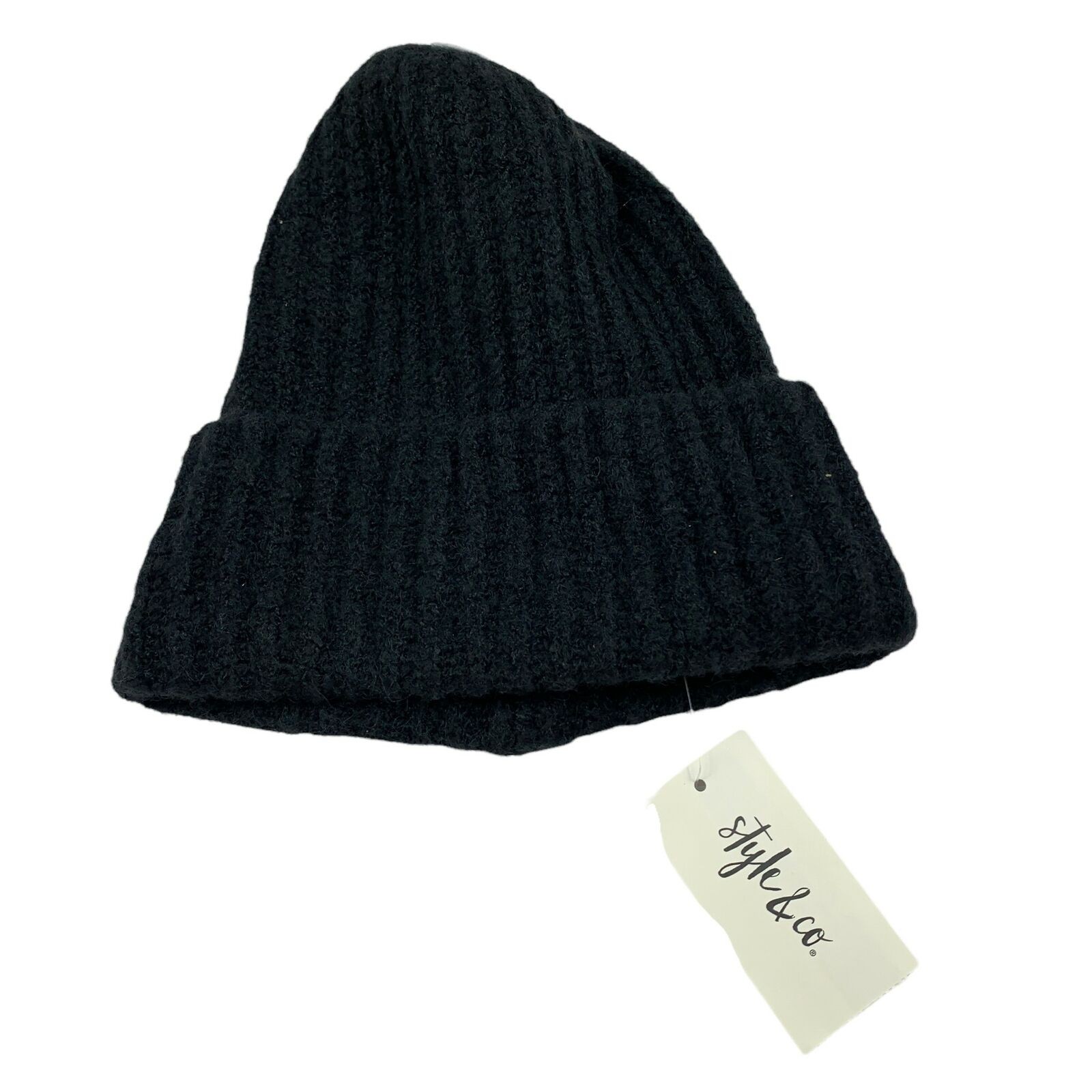 Style & Co Womens Rib Solid Cuffed Acrylic Blend Beanie Hat Black OS