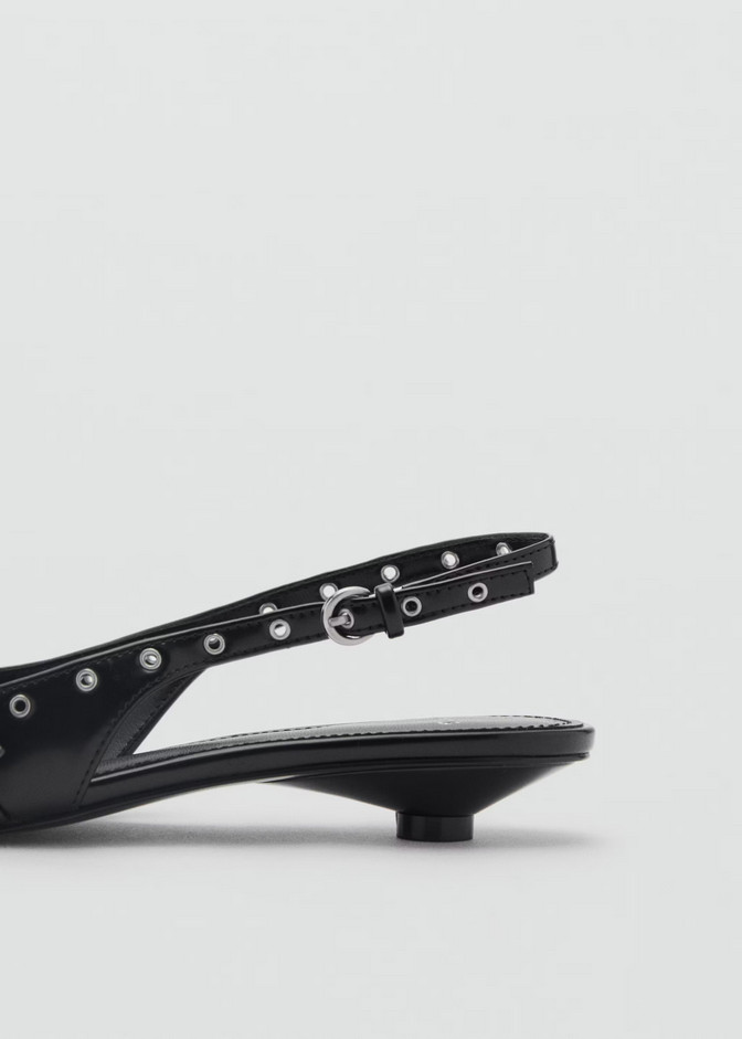 NEW MANGO MNG BLACK GROMMET KITTEN HEEL POINTED TOE SLINGBACK SHOES SZ 38 US 7.5