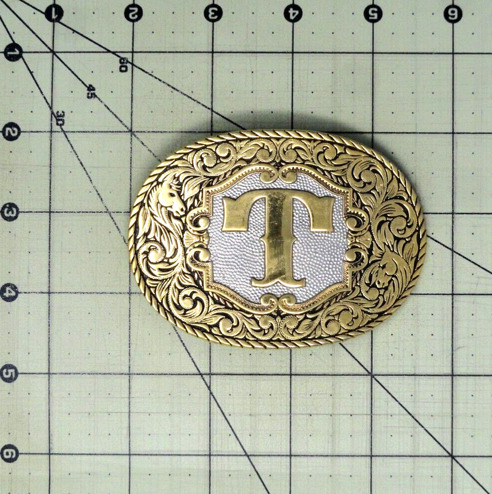 T Belt Buckle Western Initial T Monogram 22KGP Vtg Award Design Medals .NOX743