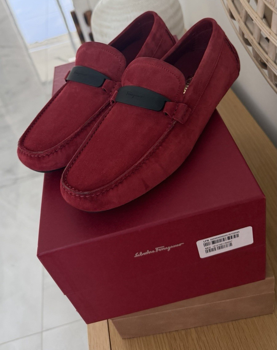 Salvatore Ferragamo Switch Men’s Red Suede Slip-On Loafers EE Round Toe 8