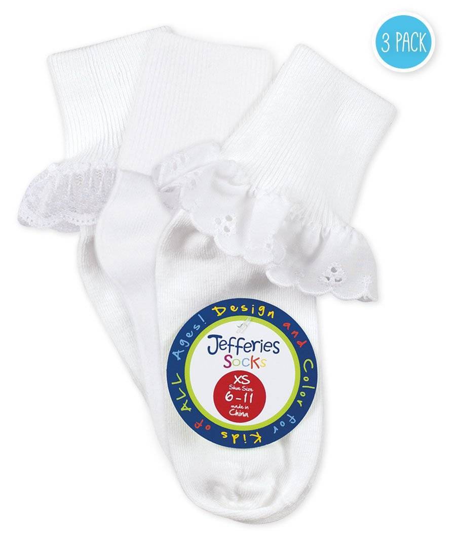 Jefferies White Eyelet Turn Cuff Lace 3 Pk Socks Size Newborn Infant Toddler XS