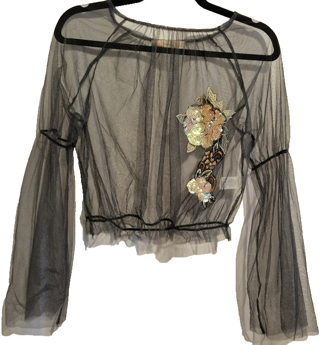 Twinkle Sheer Mesh Crop Top Grey Sequin Applique Flower Bubble Hem Festival