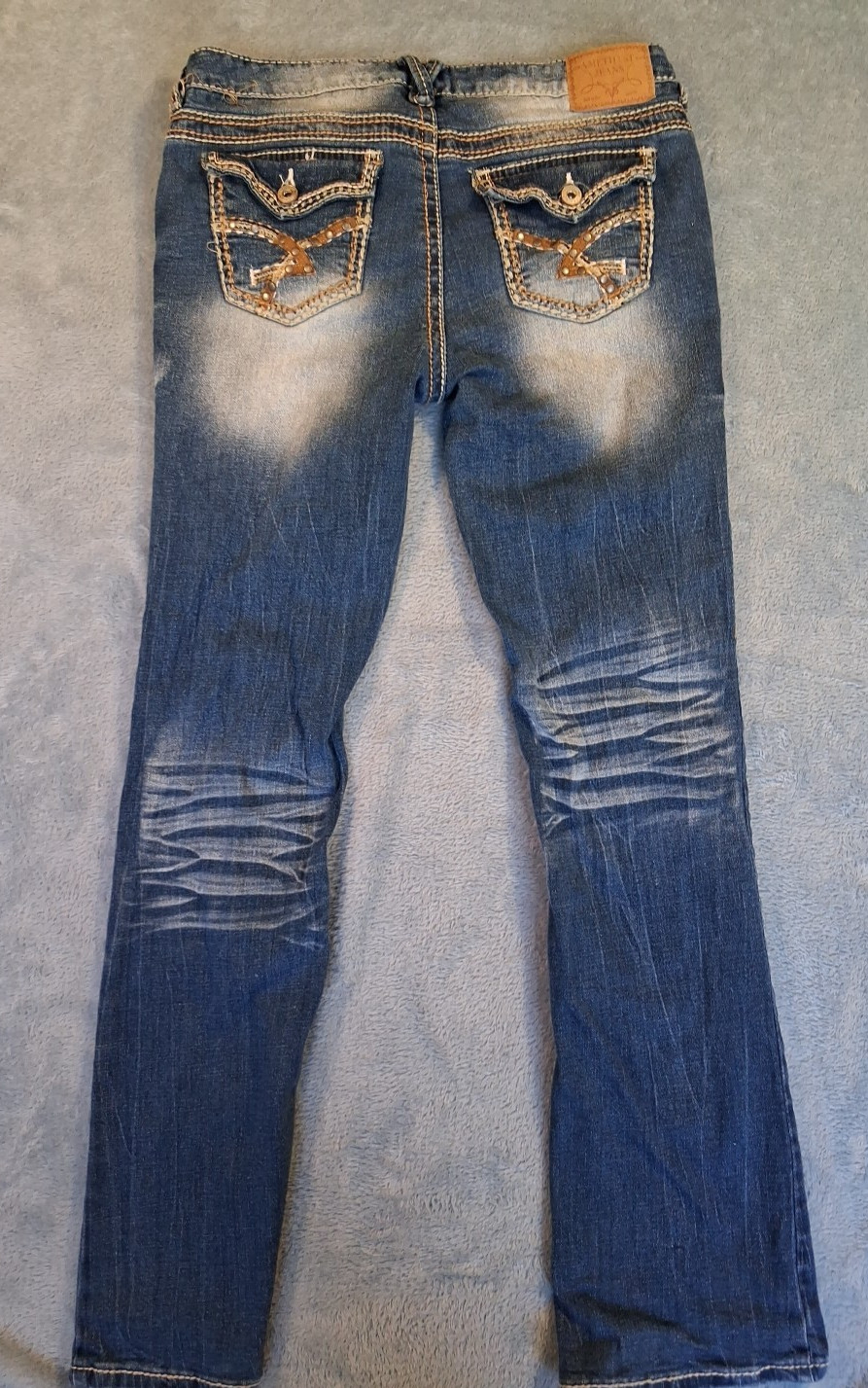 Amethyst Bootcut Jeans Distressed Blue Wash Stitching Embroidered Size 13