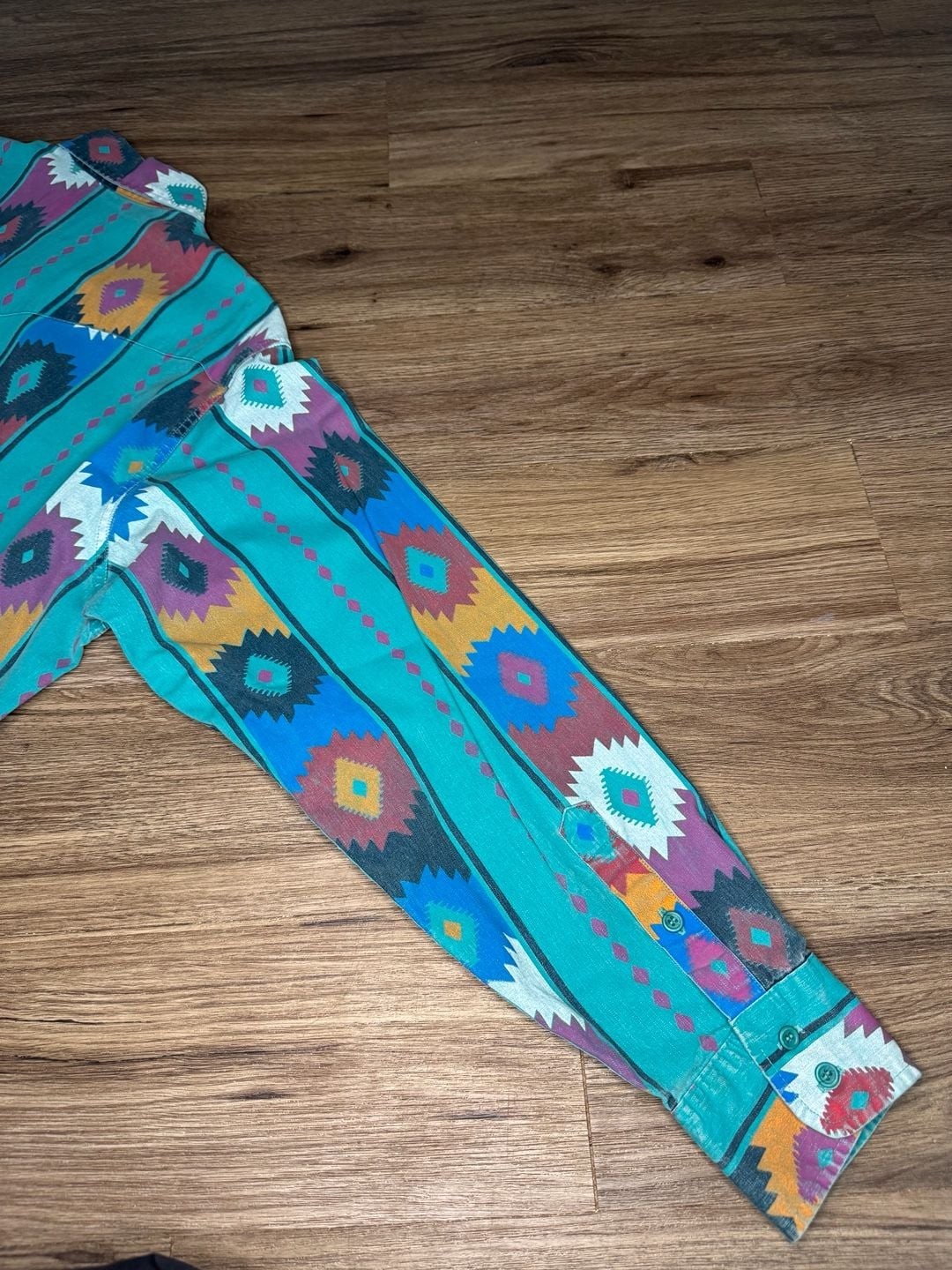 Vintage Wrangler Brushpopper Western Shirt Aztec Geometric Print Teal LongSleeve