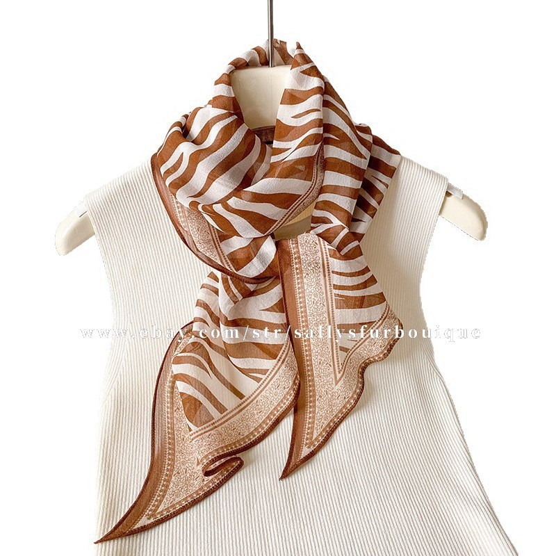 Sallys 100% Mulberry Silk Chiffon Shawl Stripes Print Neckerchief Oblong Scarf