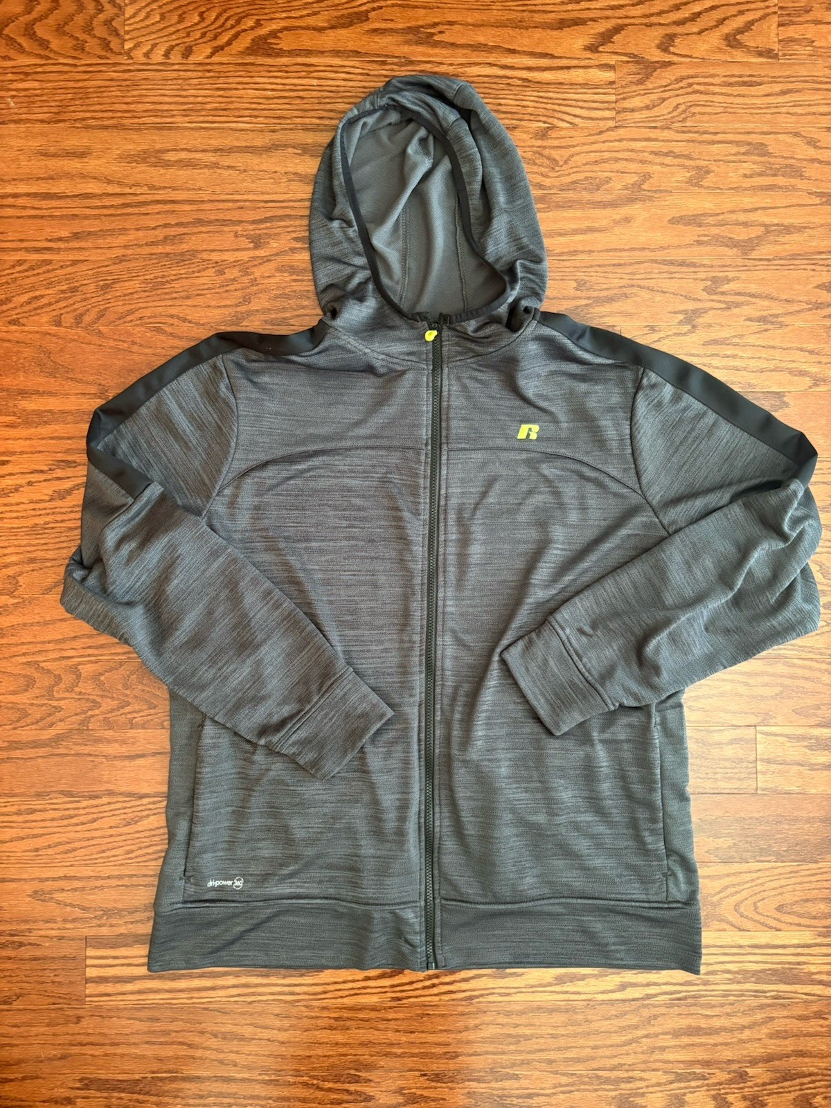 Russell Dri-power 360 full Zip Hoodie Men’s XL Gray Bungee Cord Hood Long Sleeve