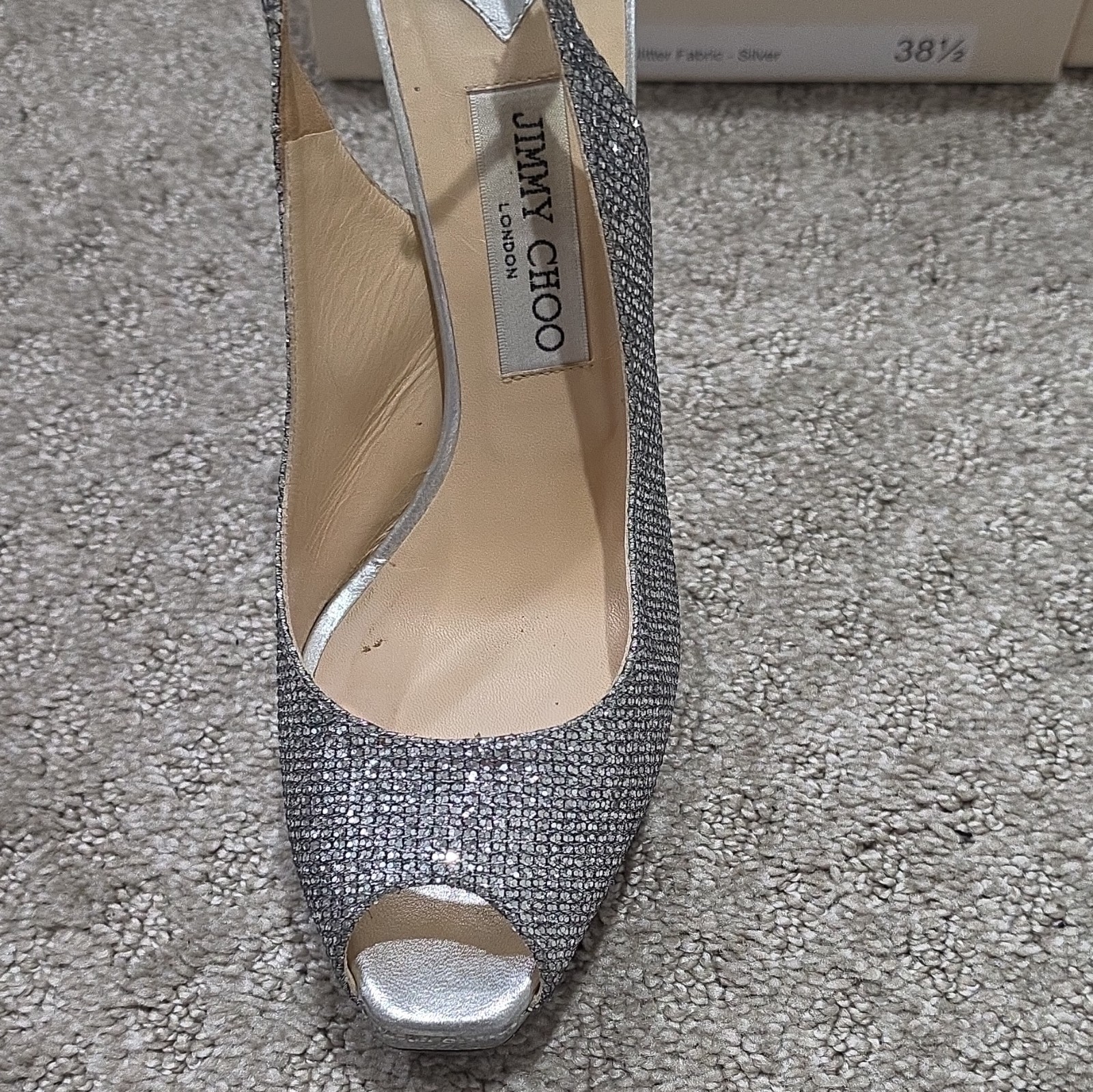 Jimmy Choo Silver Glitter Fabric Platform Peep Toe Ankle Strap Heels 38.5