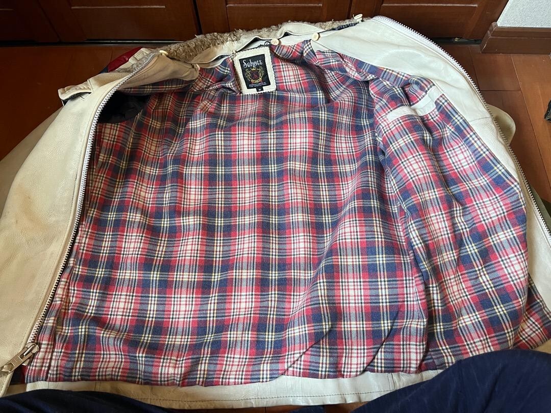 Schott Leather Boa Fur Collar Riders Jacket Blouson Men Size M Plaid
