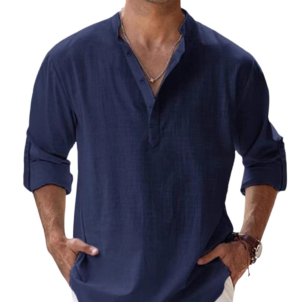 Men Linen Shirt Office Casual Stretch Fabric 80%Cotton Blend+20%Spandex