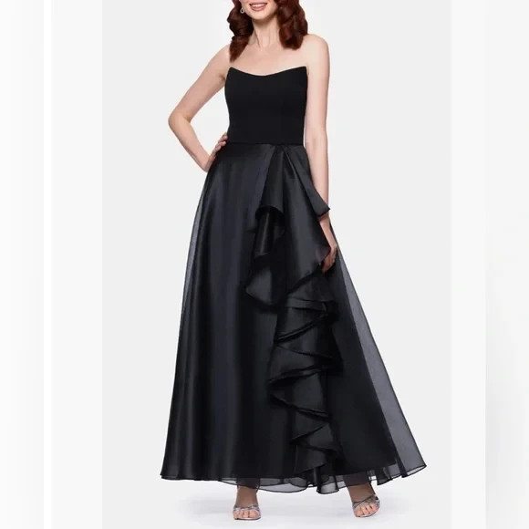 Betsy & Adam Black Ruffle Strapless Mixed Media Gown Size 18W $309
