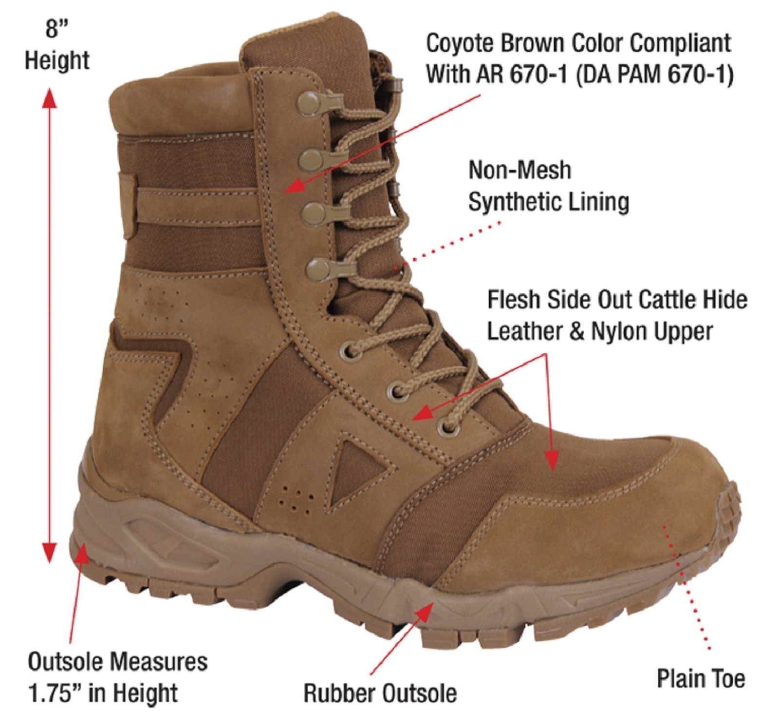 Coyote Brown AR 670-1 Forced Entry 8″ Military Tactical Boots 5-13