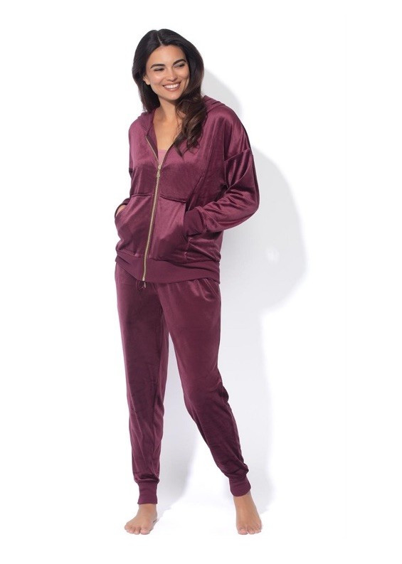 Women’s Burgundy Velour 2pc Tracksuit Hooded Full Zip Pockets Cuffed M