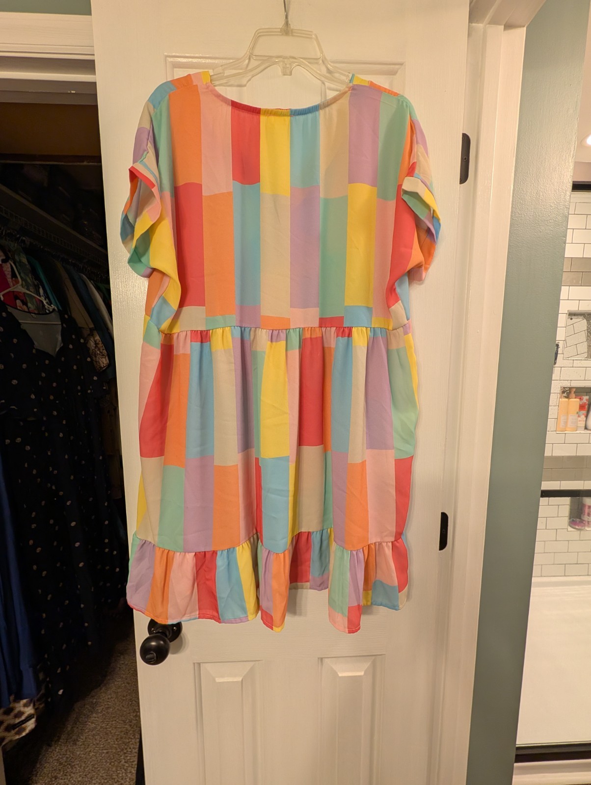 BIBI Women’s Large Multicolor Colorblock V-Neck Short Sleeve Dress Ruffle