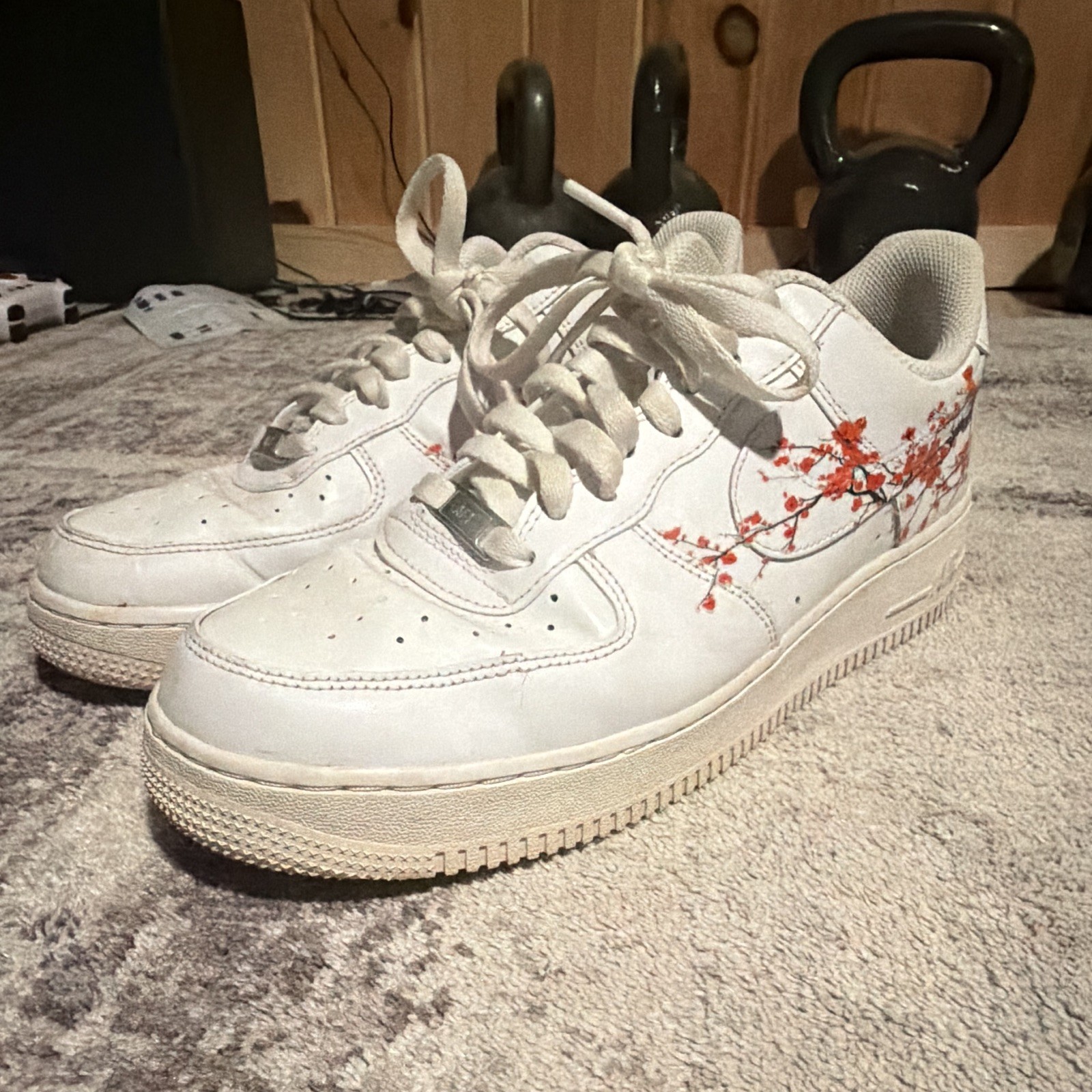 Air Force 1 With Custom Cherry Tree & Dragon Design Slightly Worn Size 10.5
