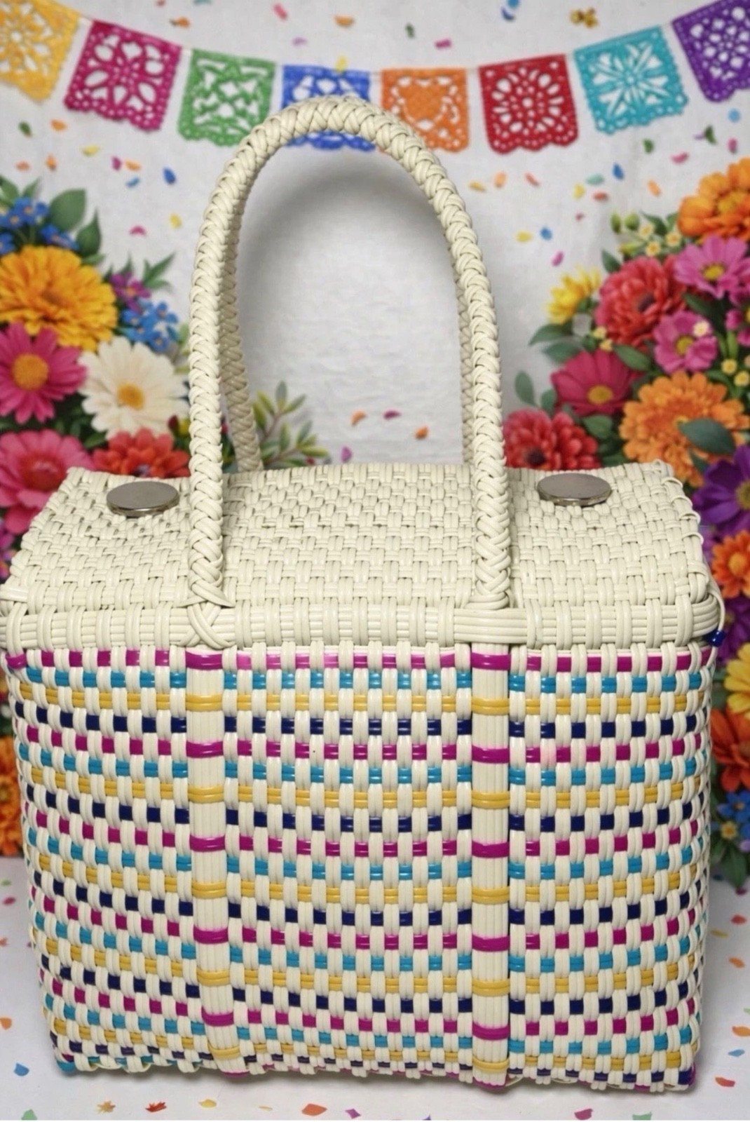 MexiMexi Recycle PVC Hand Woven Basket Box Purse Beige Pink Purple Blue Yellow
