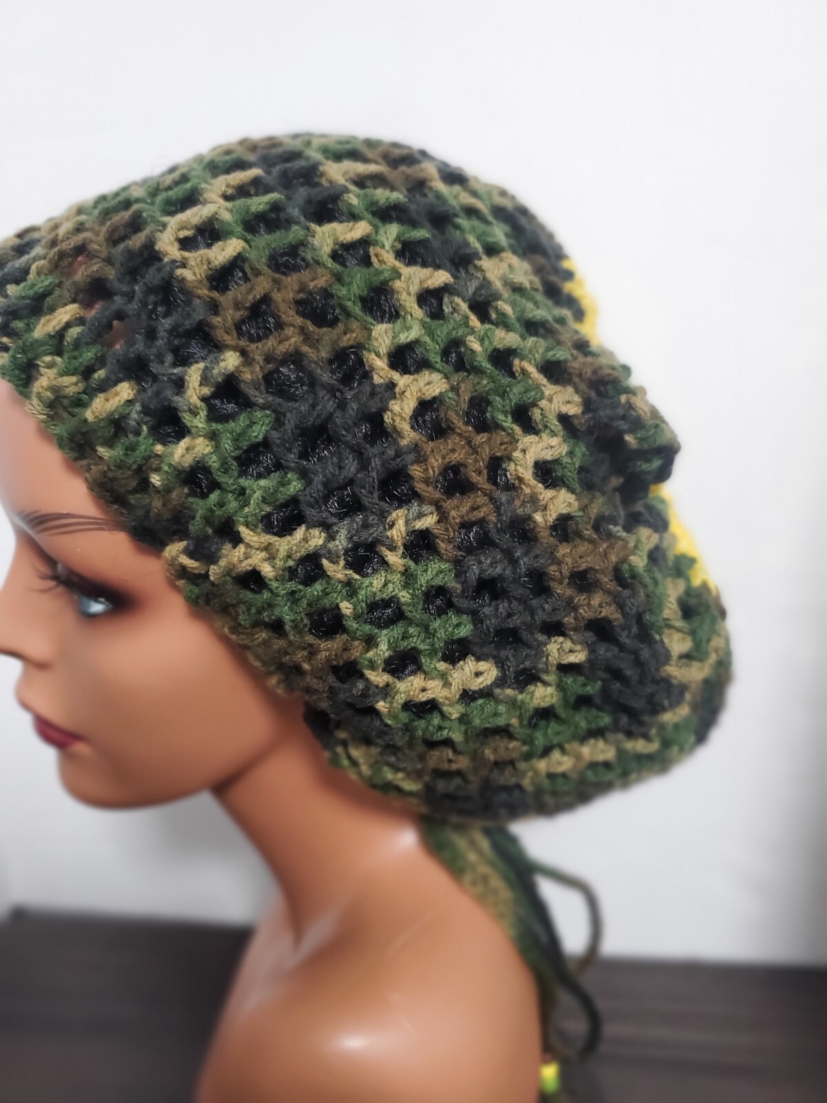 Camouflage Crochet Flower Tam Slouch Hat With Drawstring Handmade One Size