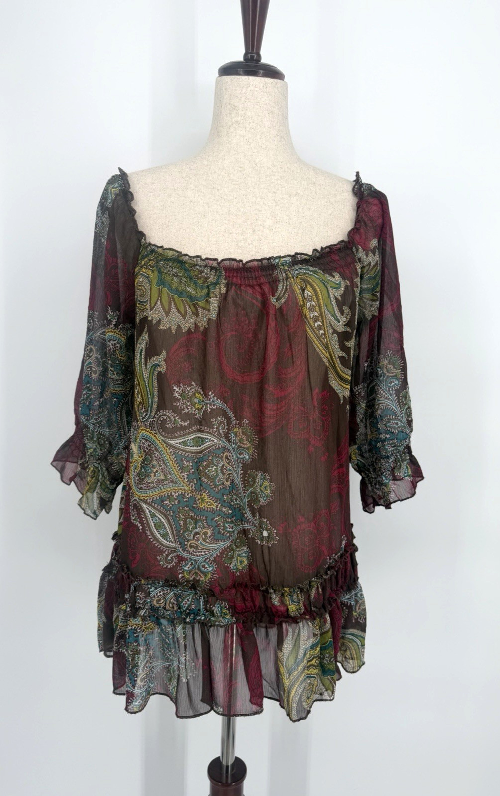 Xhilaration Womens Burgundy Paisley Off The Shoulder Boho Top Blouse Size Medium