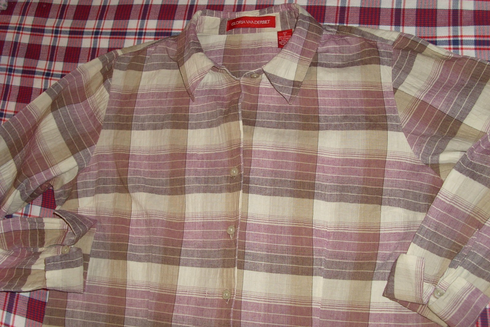 Gloria Vanderbilt-Women’s LS Blouse Sz S, Button-front,Cotton Blend, Mauve Plaid