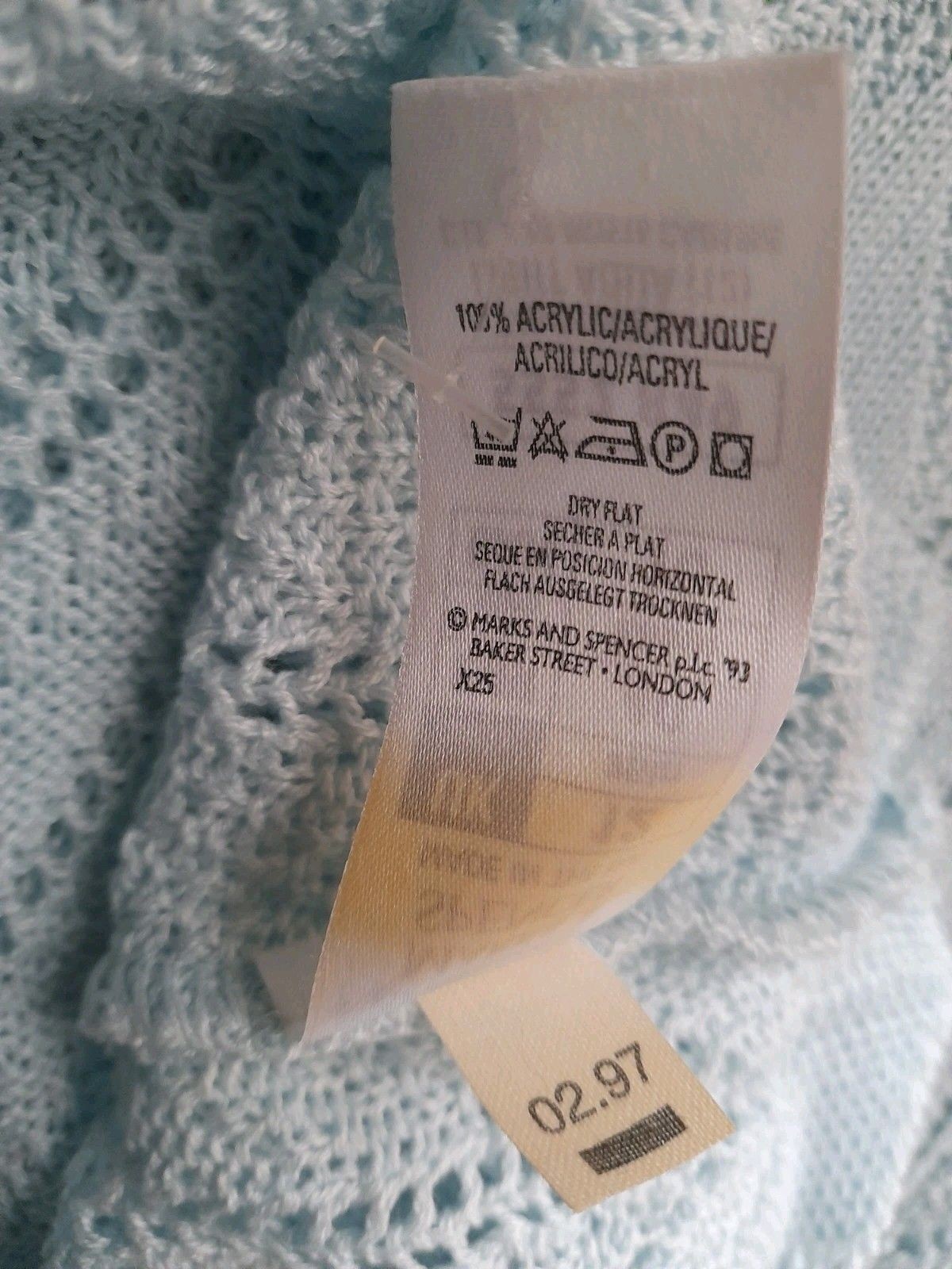 M&S Marks & Spencer Jumper UK 12 Light Aqua S/Sleeve Pointelle Vintage 1990’s