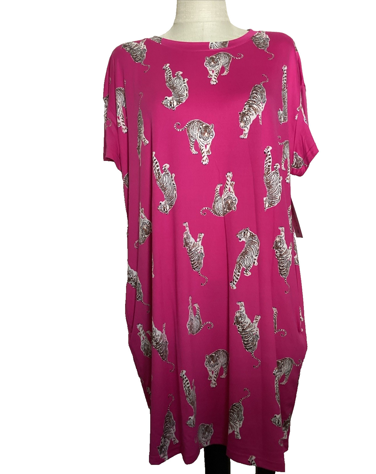JOYSPUN SLEEPSHIRT Pink Tigers Print Knit Knee Length GOWN Sz L/XL*